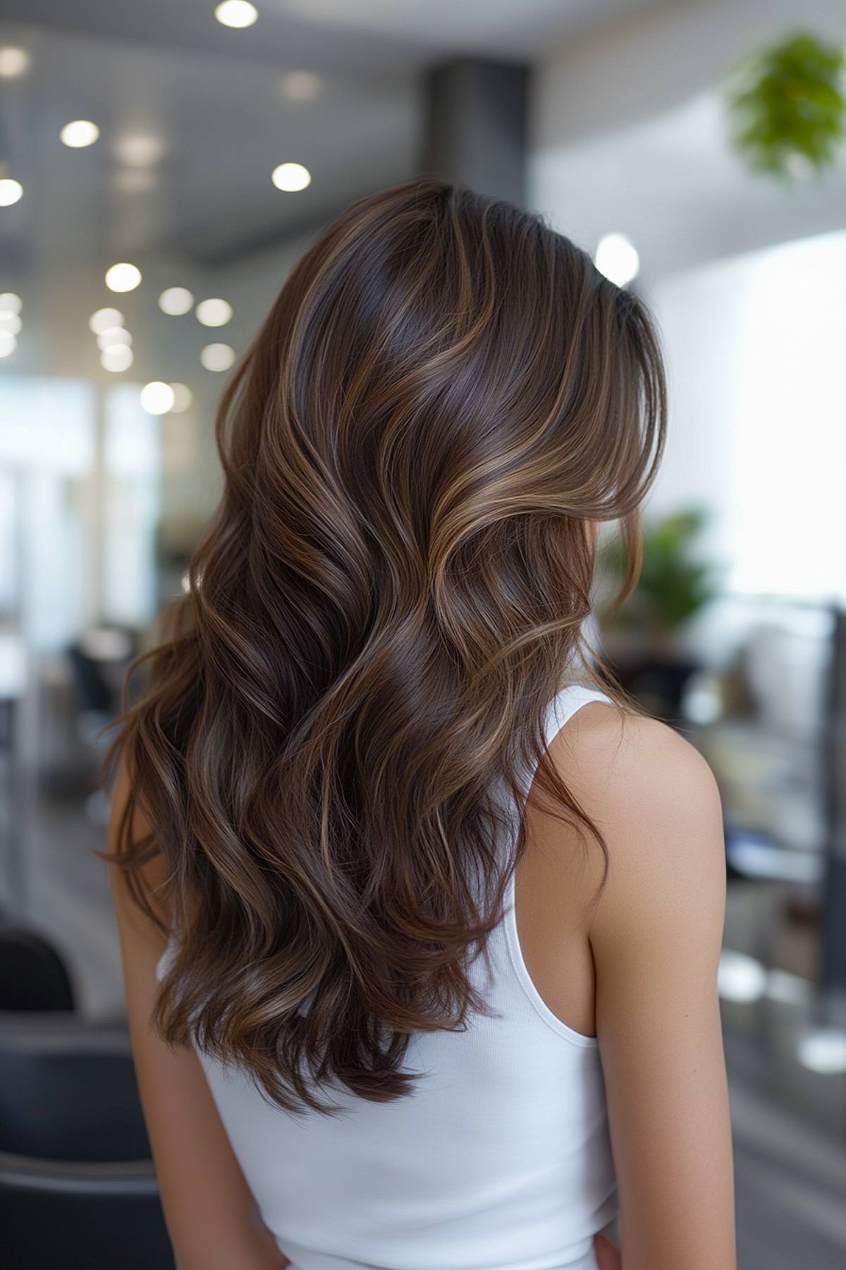 Dark brunette hair with caramel highlights