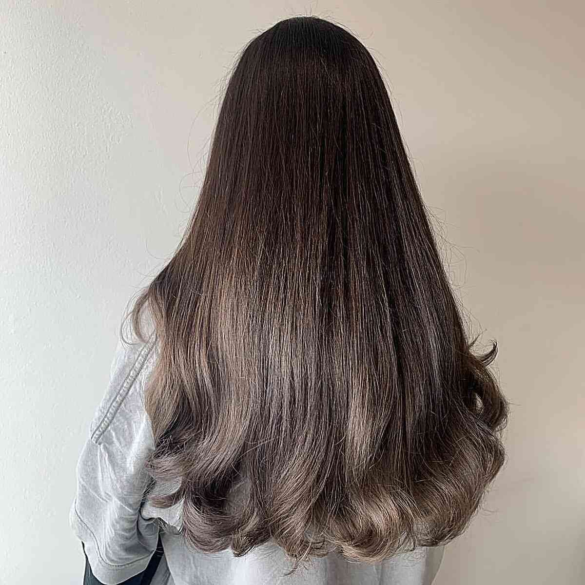 Dark Brunette to Mushroom Brown Balayage Sombre on Long Thick Hair