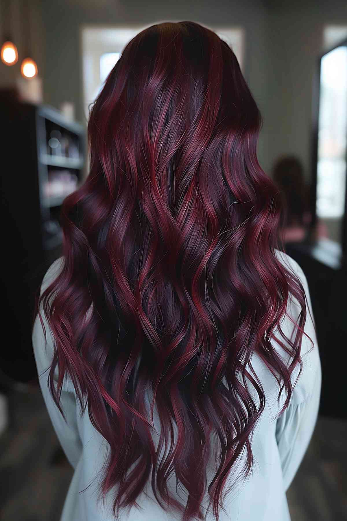 Long wavy hair with dark cherry balayage coloring.