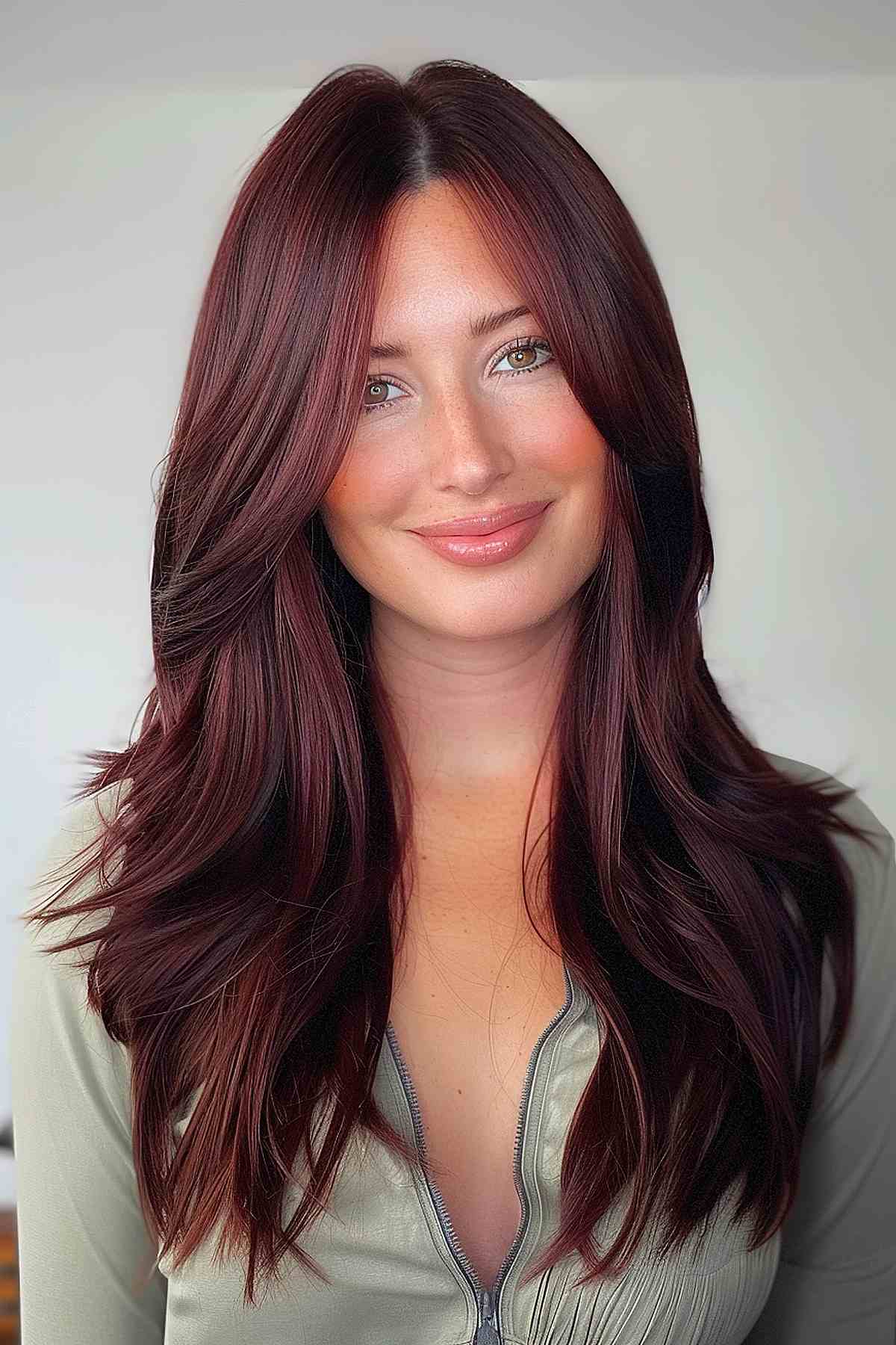 Deep cherry chocolate layered hair.