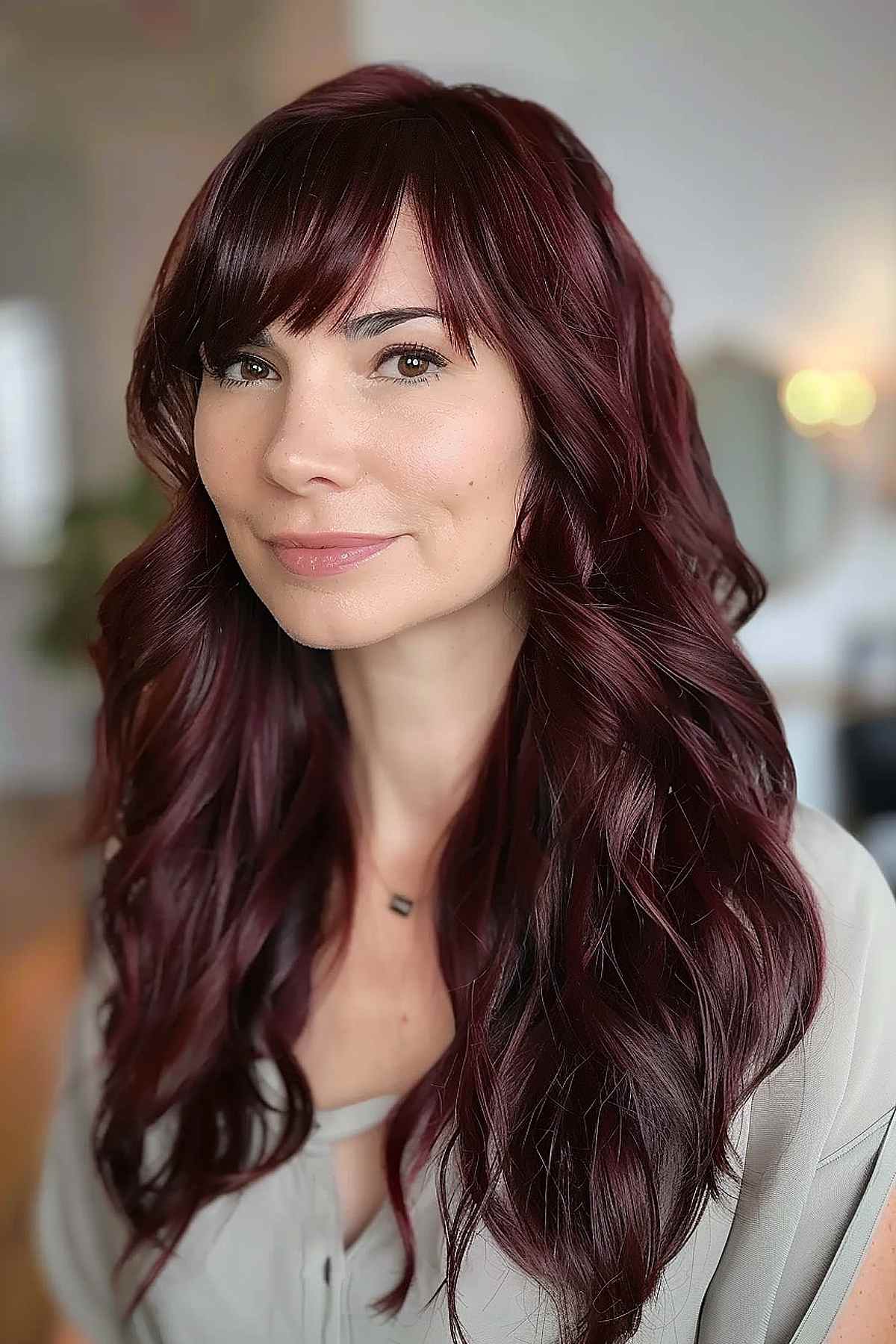 Long wavy hair with dark cherry cola color.