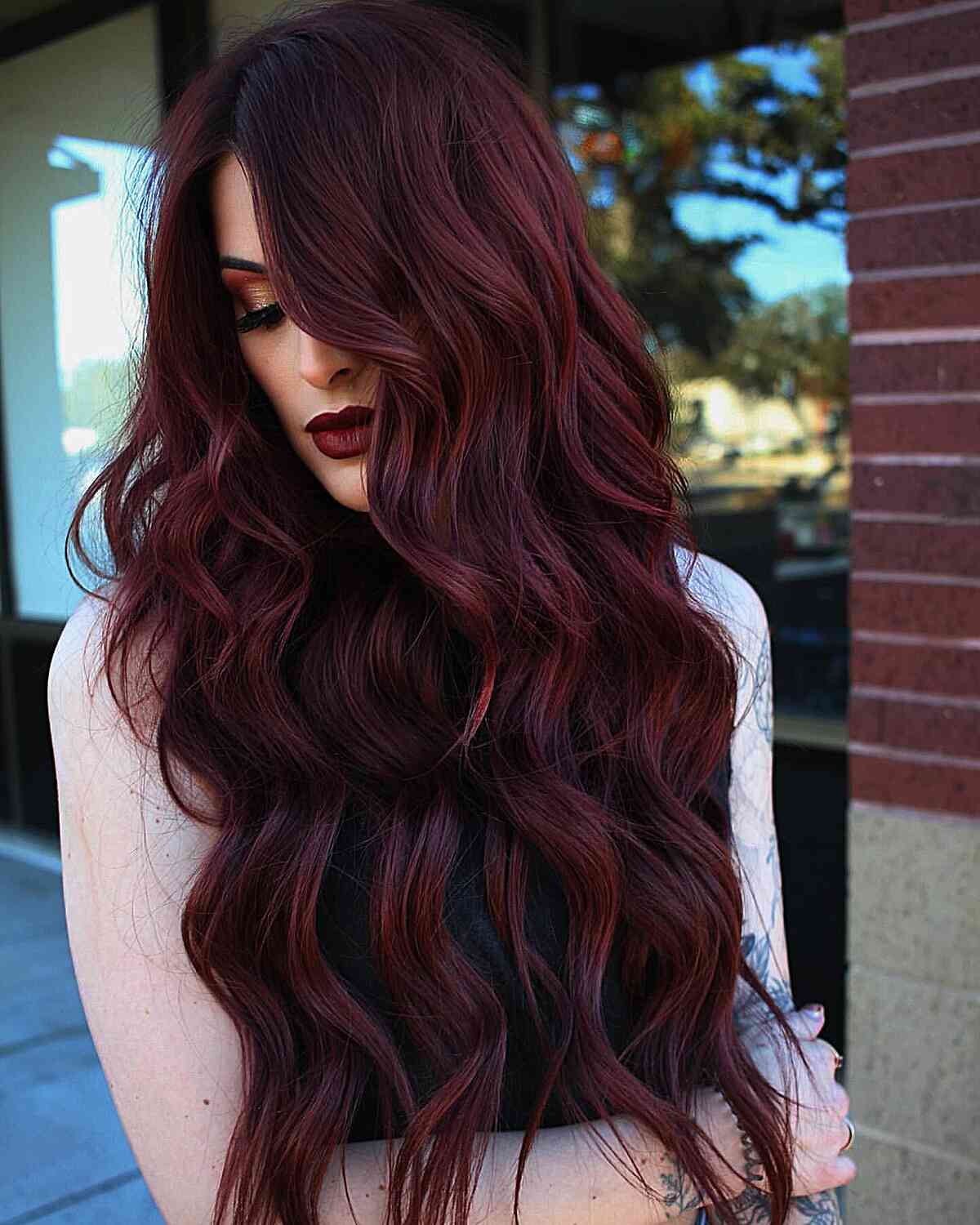 Dark Cherry Color Hair Coloring for ladies with long hair