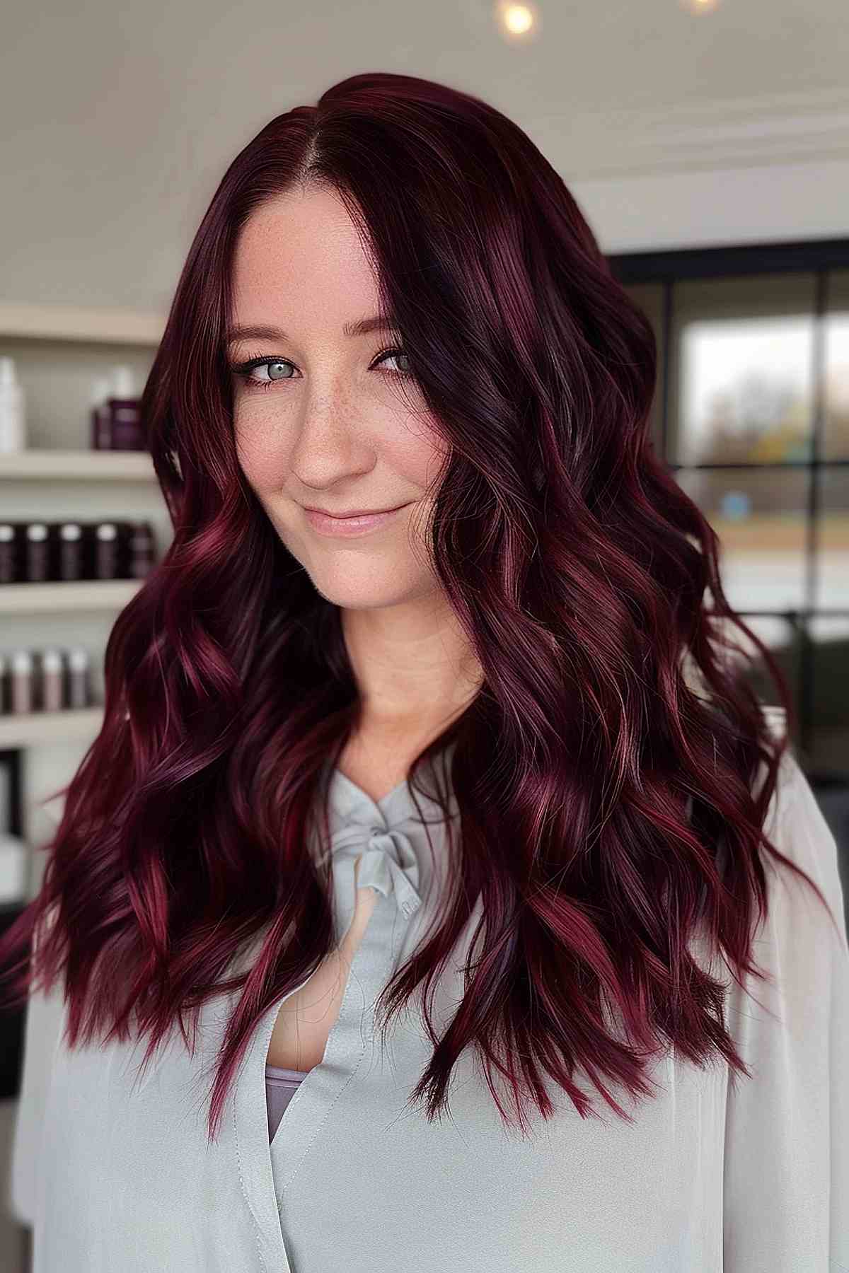 Long wavy hair with dark cherry cola tones and highlights.