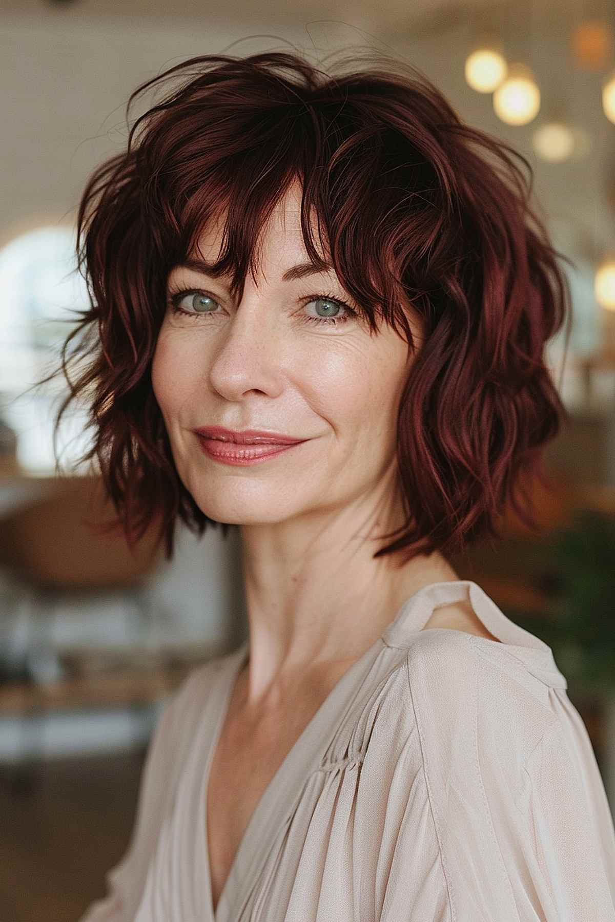 Tousled bob with dark cherry color for women over 40.