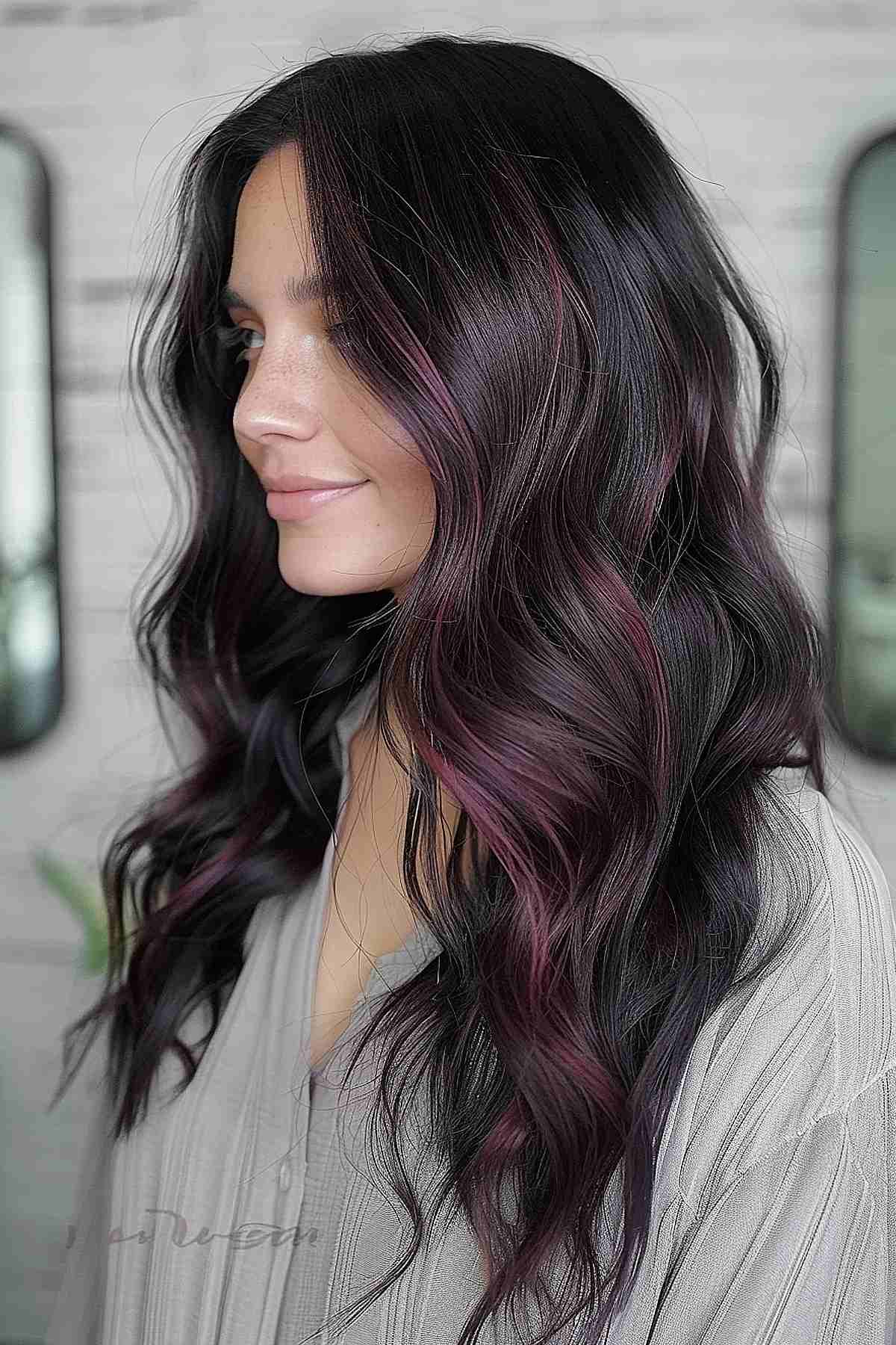 Black hair with dark cherry highlights and natural waves.