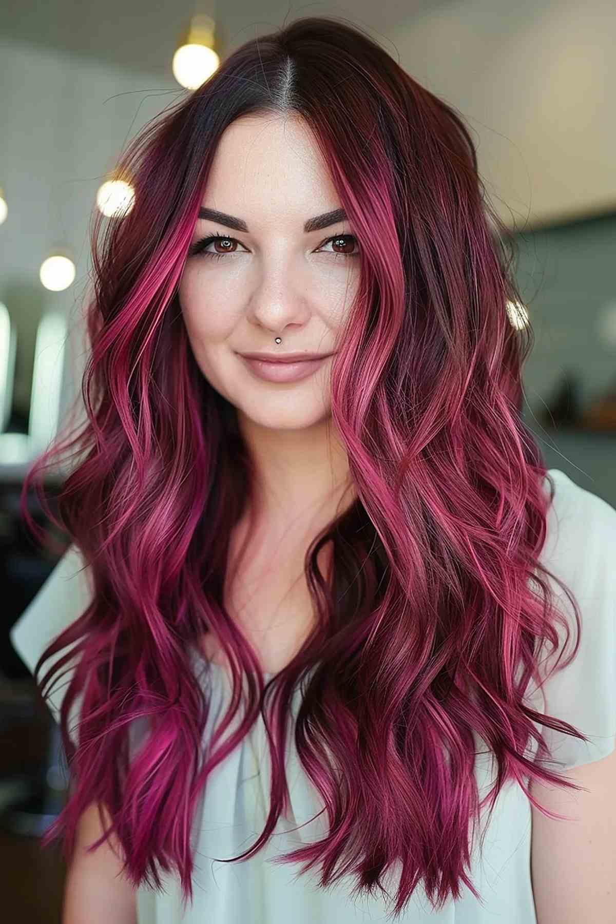 Dark cherry hair with pink accents in a wavy style.