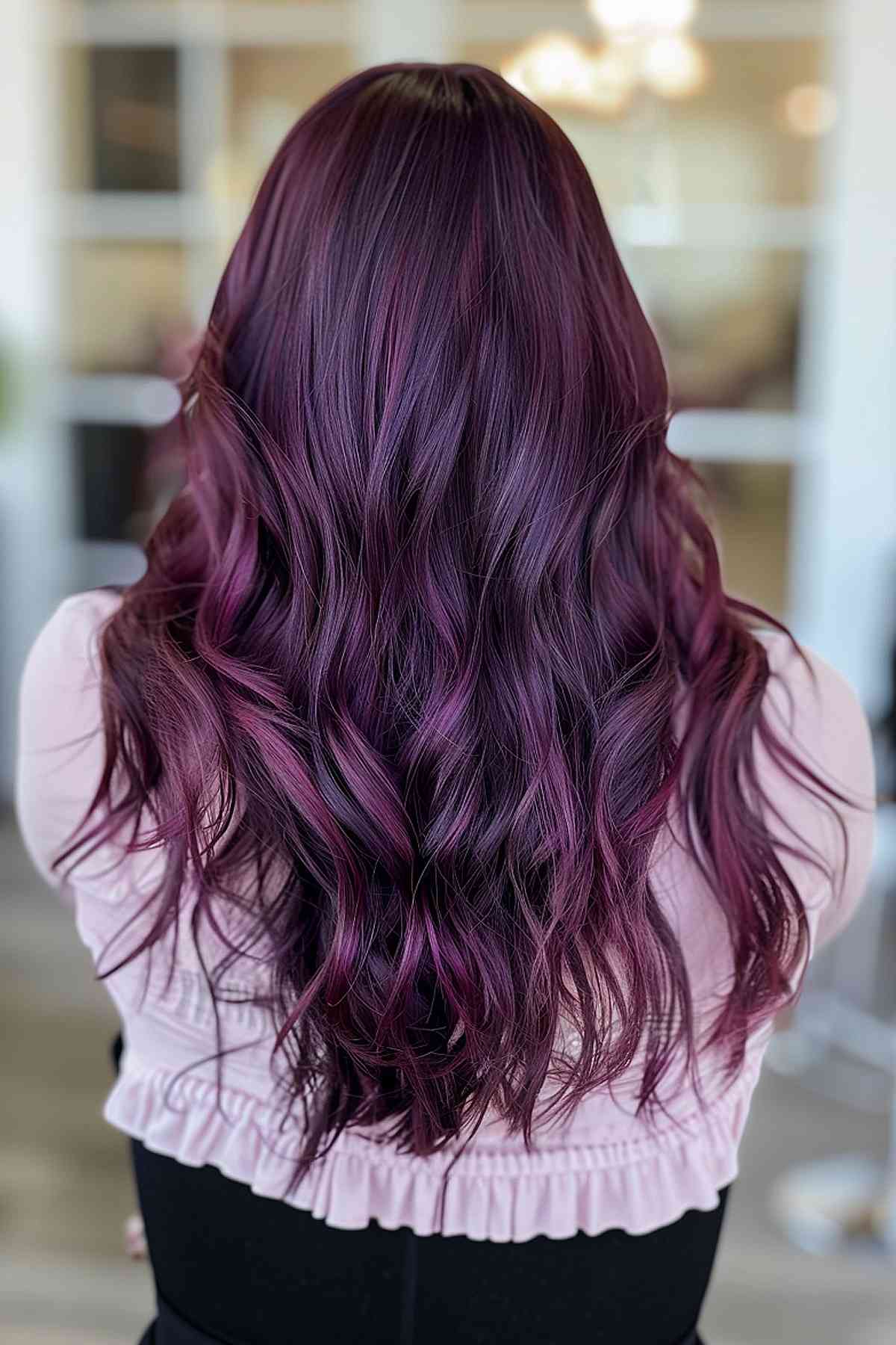 Long wavy hair with dark cherry purple tones.