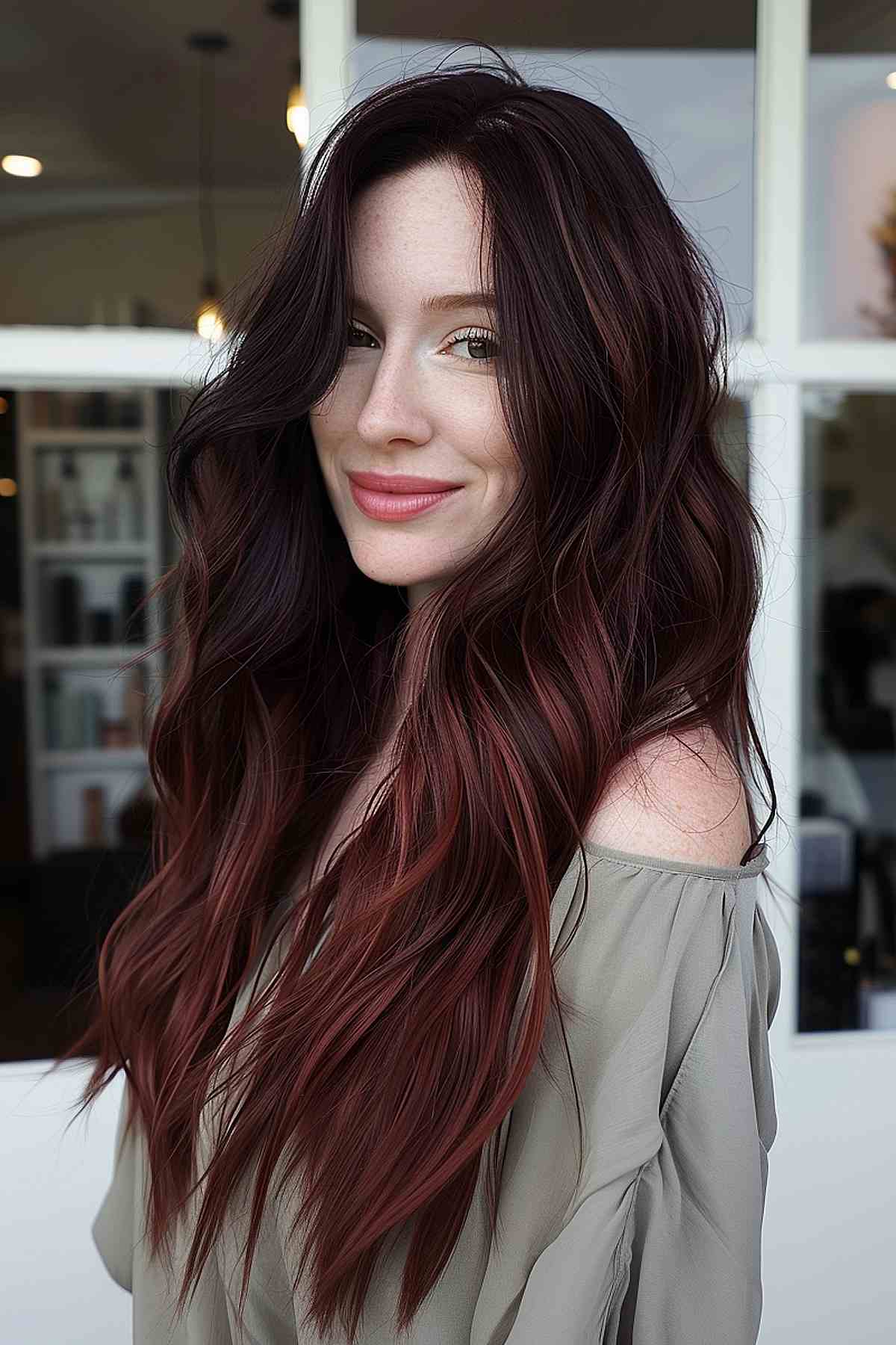 Long wavy hair with dark cherry and rich mahogany blend.