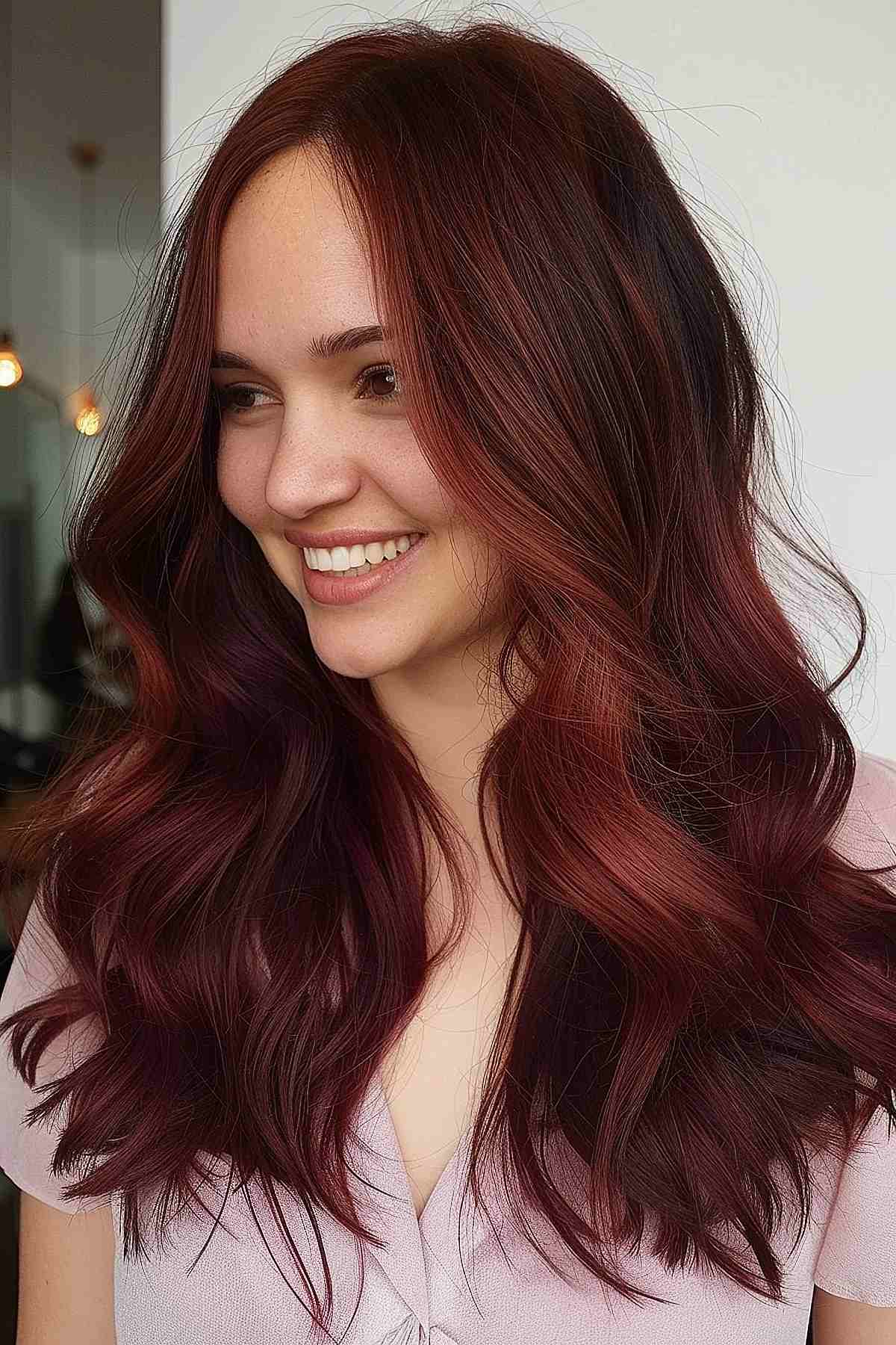 Long wavy brunette hair with dark cherry wine color.