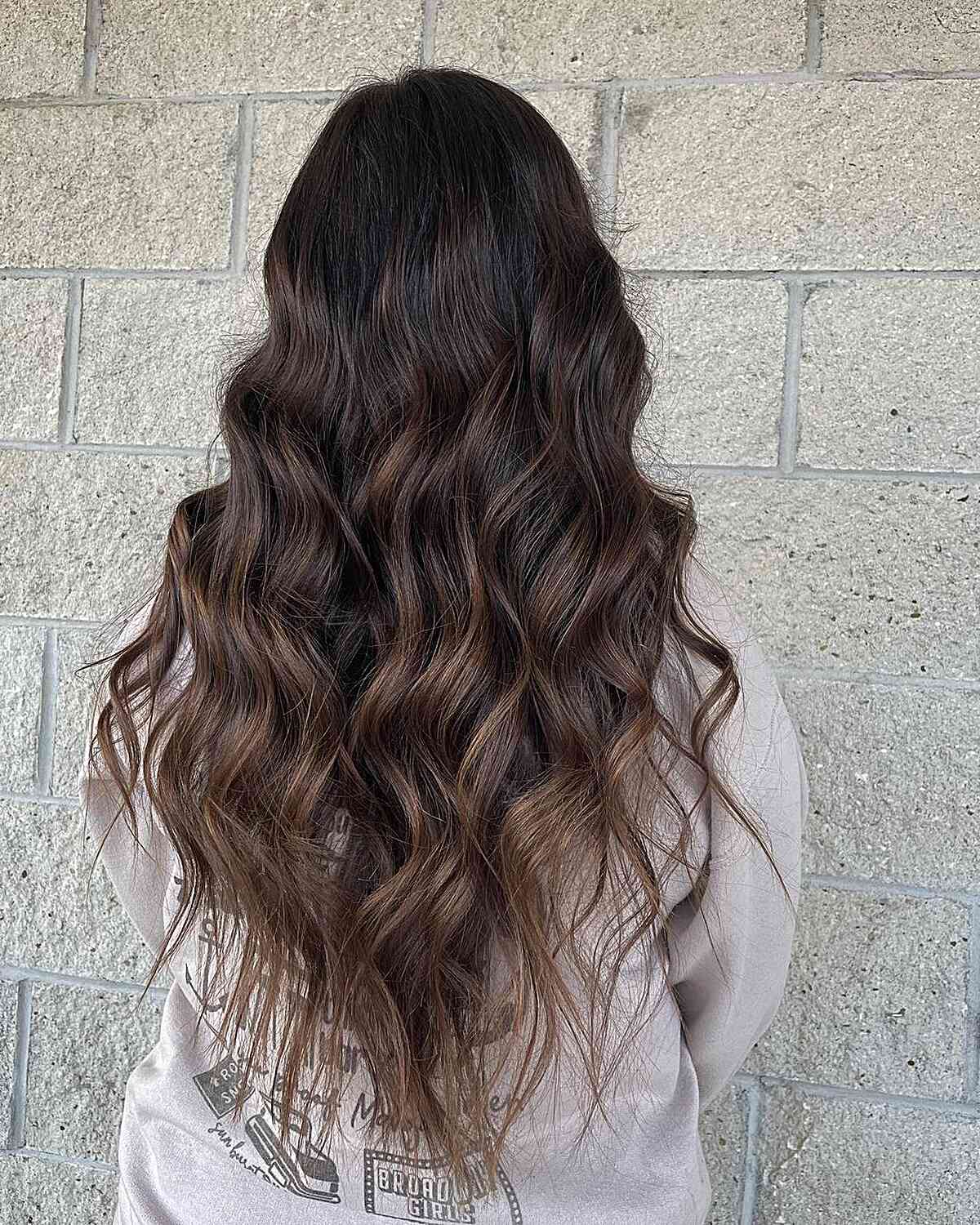 Waist-Length Dark Choco Balayage Hair with Light Brown Highlights