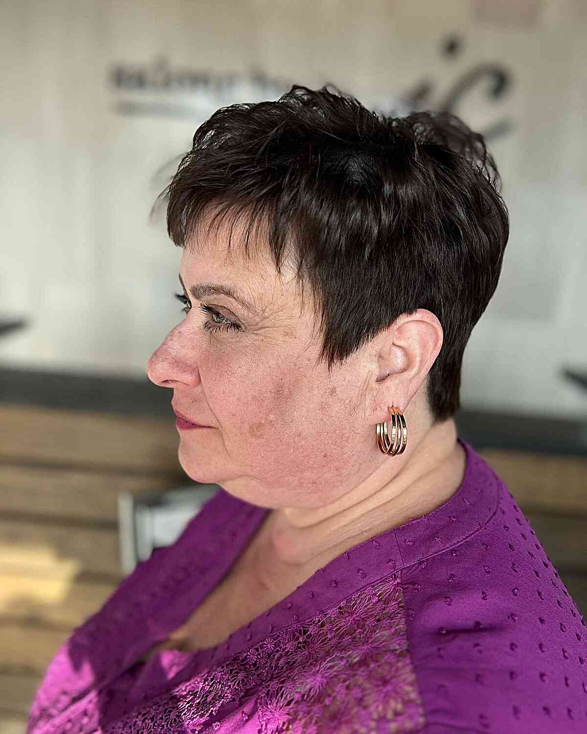 Dark Chocolate Hair Color on Tapered Pixie for 60-year-old Women