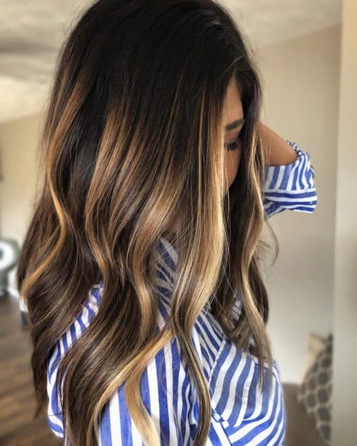 Dark Chocolate Brown Hair Color with Golden Caramel Blonde Highlights
