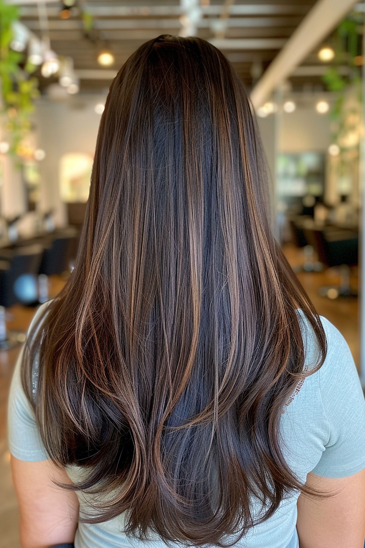 Dark brown hair with dark chocolate highlights