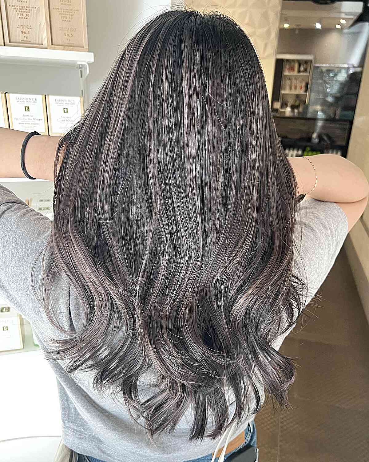 Long Dark Hair with Blended Ashy Grey Highlights