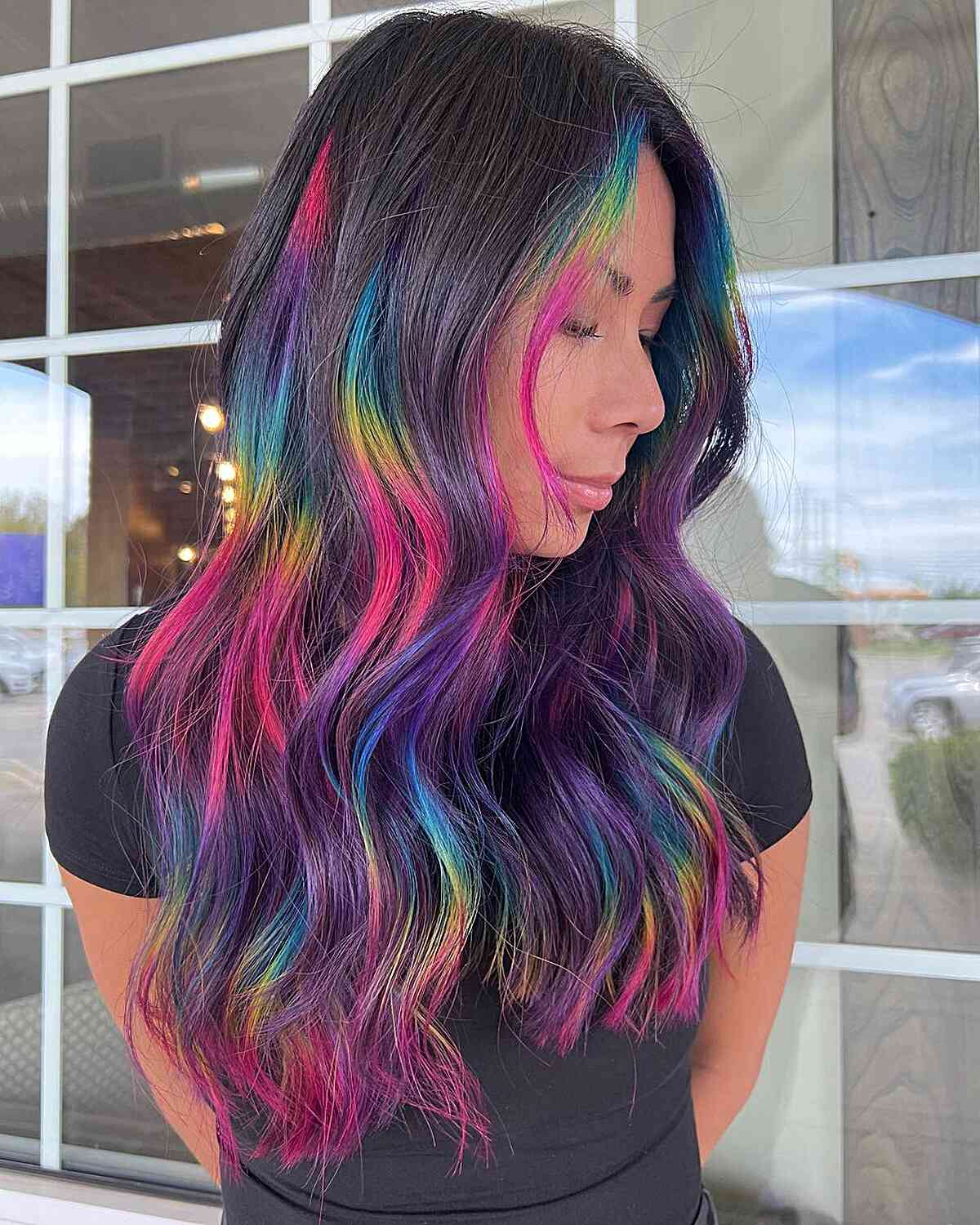 Long Dark Hair with Face-Framing Holographic Highlights
