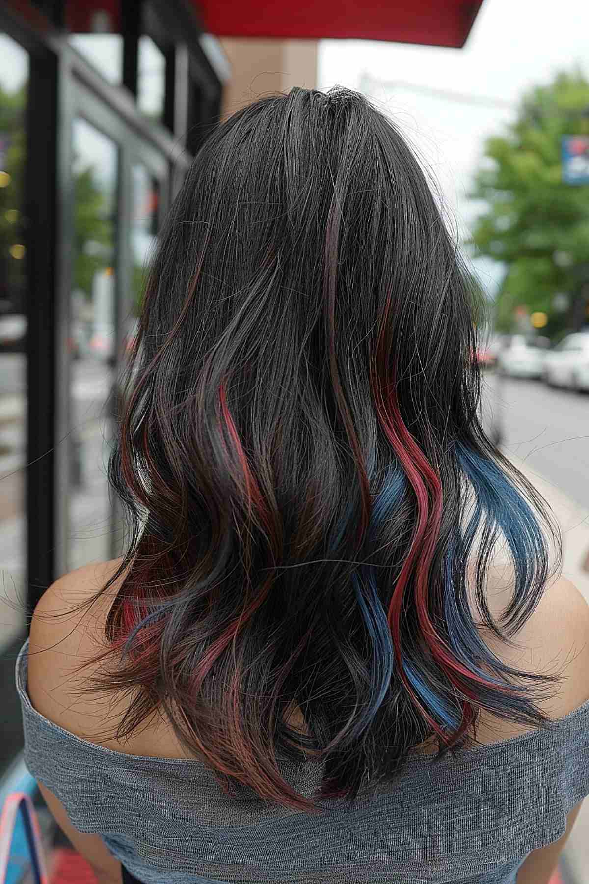 Dark hair with subtle red and blue highlights for 4th of July