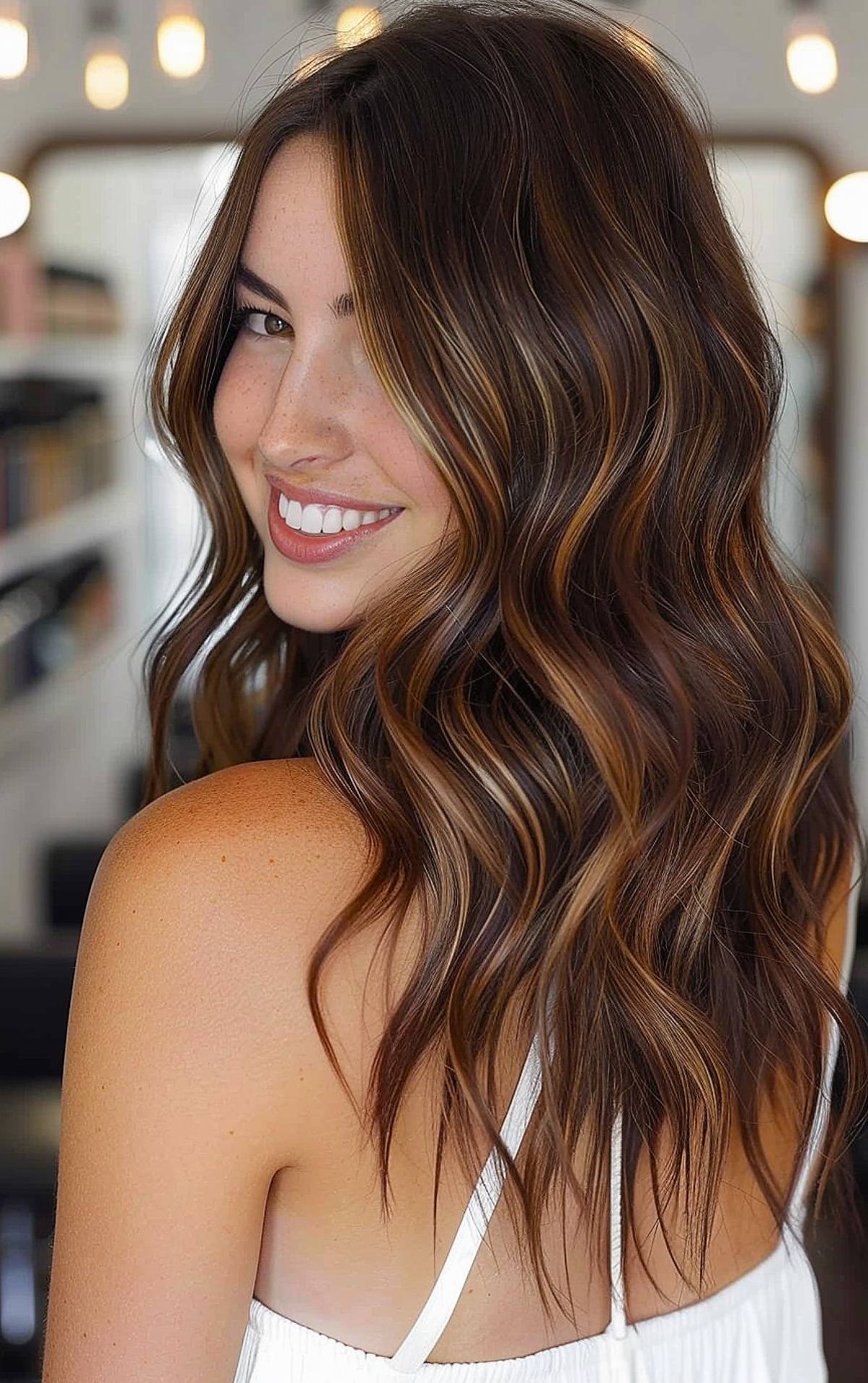 Dark brown hair with subtle chocolate highlights