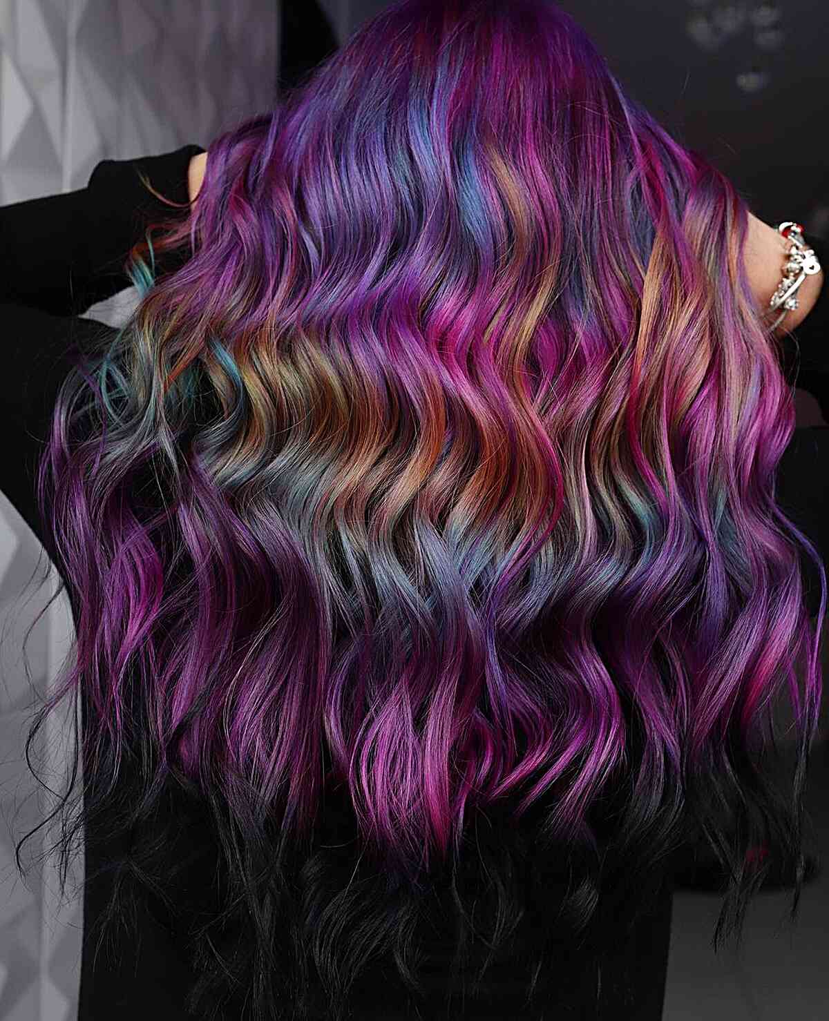 Dark Holographic Hues with Black Tips for Long-Length Hair
