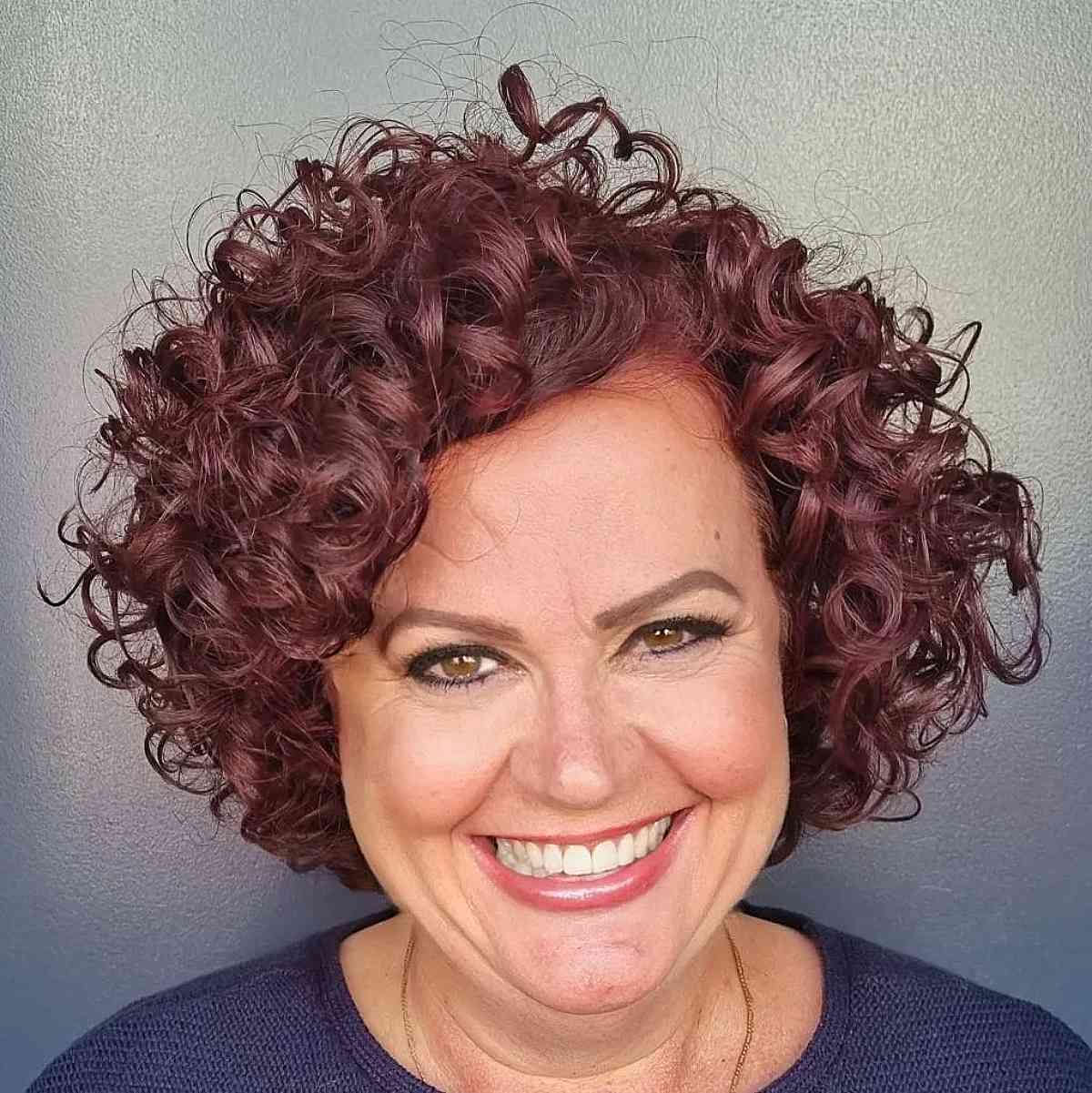 Dark Magenta Bouncy Curls for Ladies 50 and Over with Round Faces