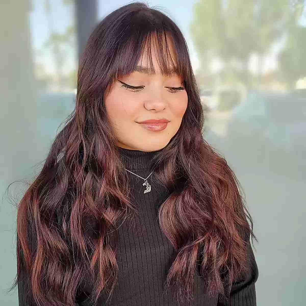 Dark Mahogany with Copper Highlights for Long-Length Hair with Bangs