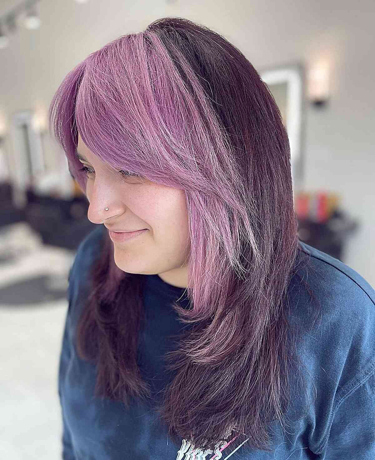 Dark Midnight Purple with Bright Purple Face-Framing Highlights and Bangs