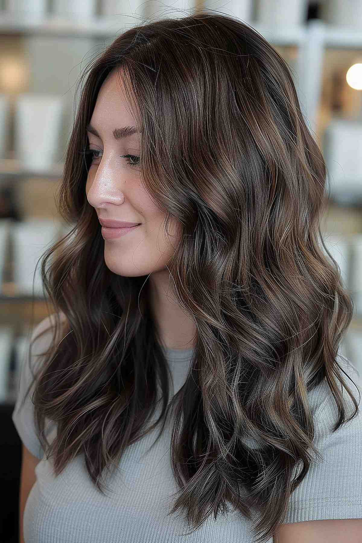 Medium-length wavy hair in a mushroom brown color, styled with volume and movement for an effortlessly chic look.