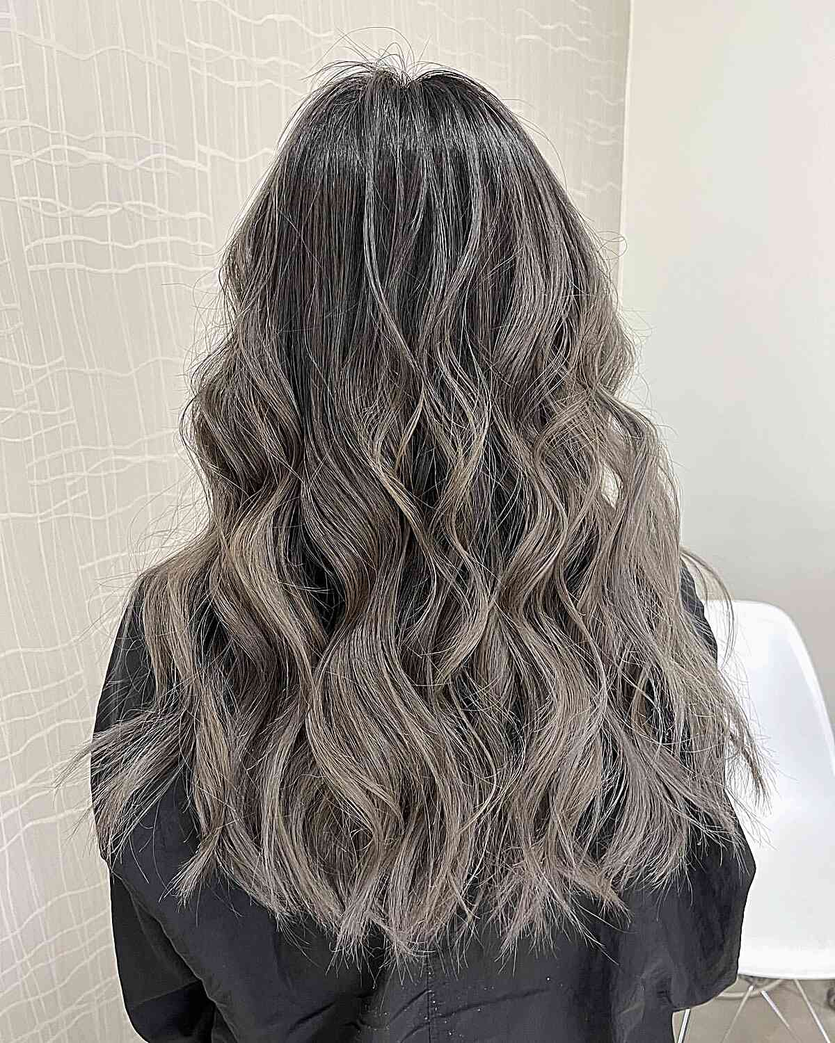 Dark Muted Grey Balayage Highlights on Long Dark Wavy Hair
