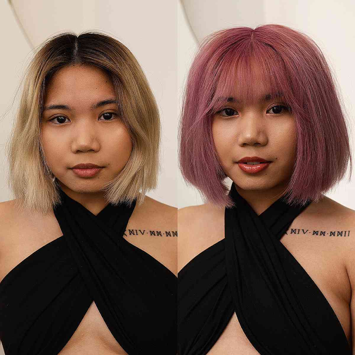Dark Pink Blunt Bob with Bangs and a Middle Part