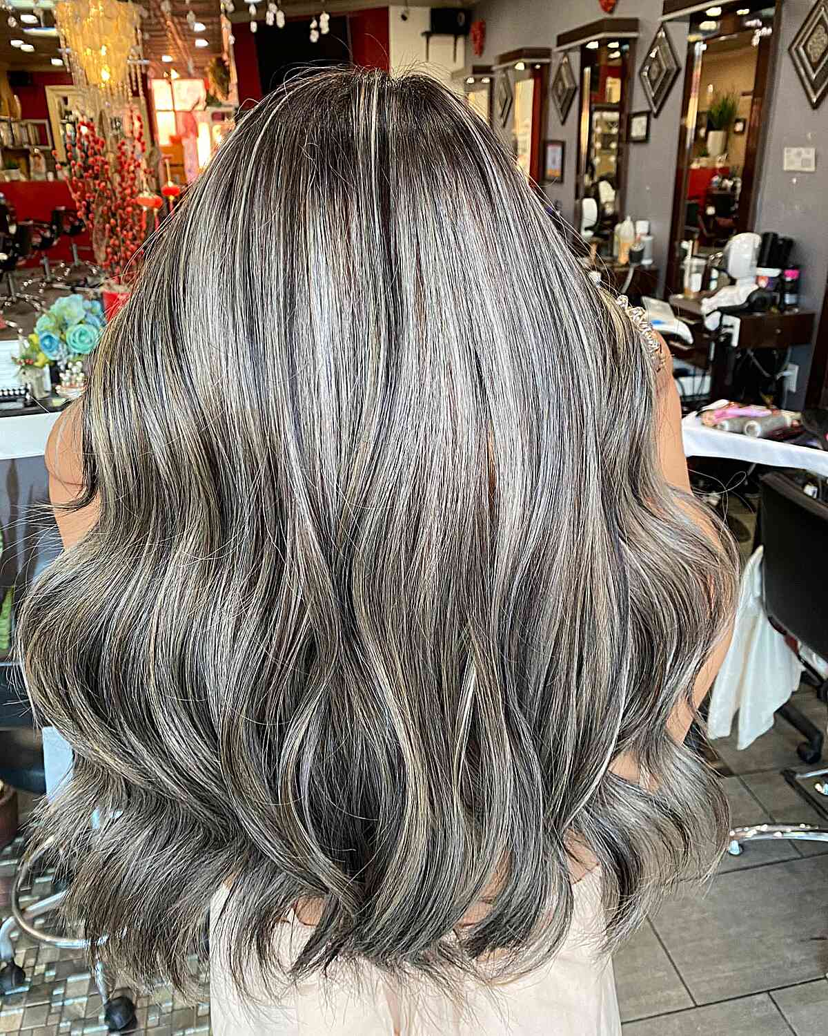 Dark Platinum Silver Blonde Balayage Highlights on Long Brunette Hair