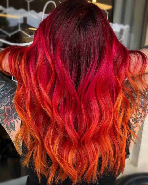 A Dark Red Balayage Roots with Red-Copper Ends