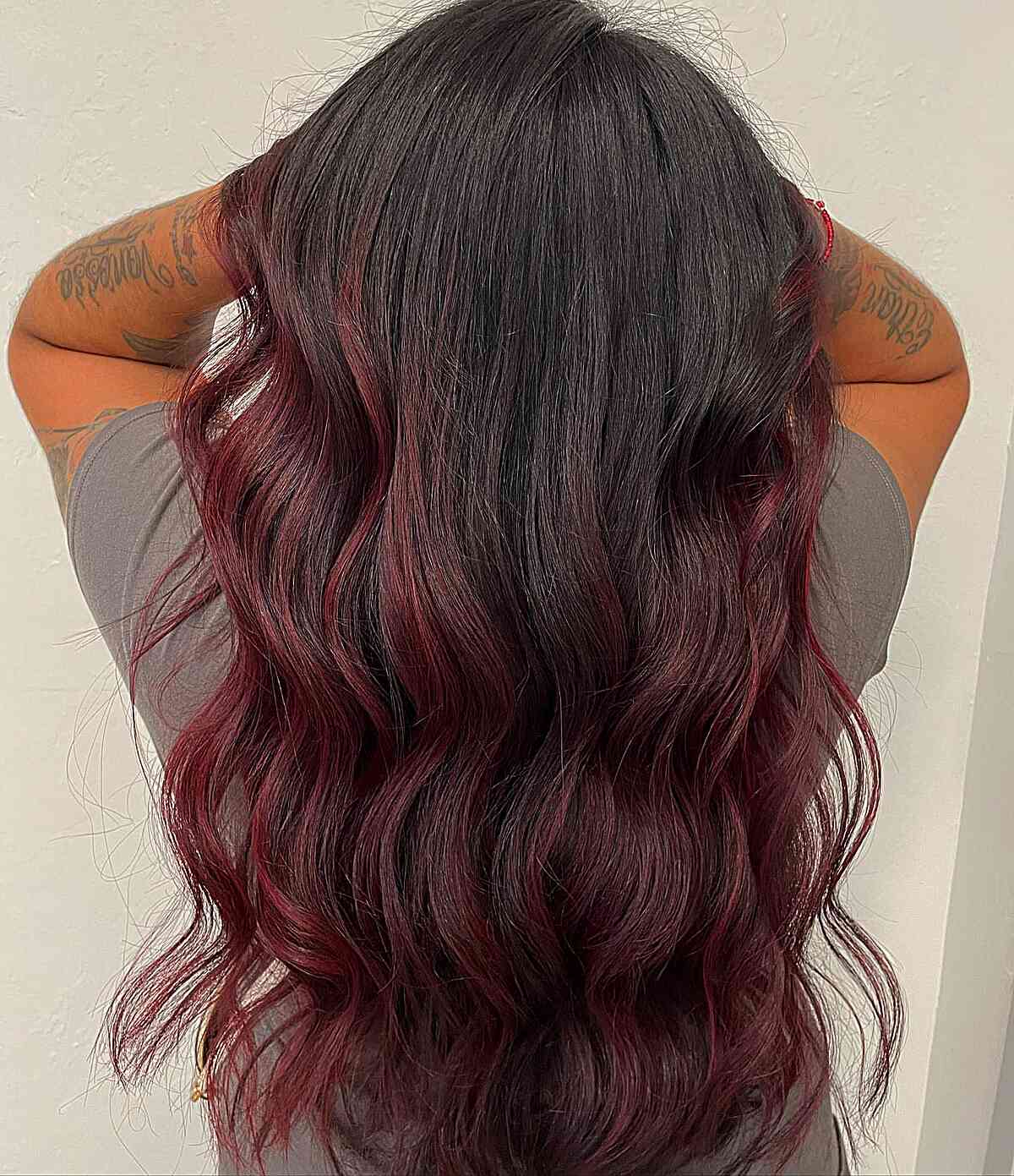 Dark Red Burgundy Balayage Highlights with Black Roots for Long Tresses