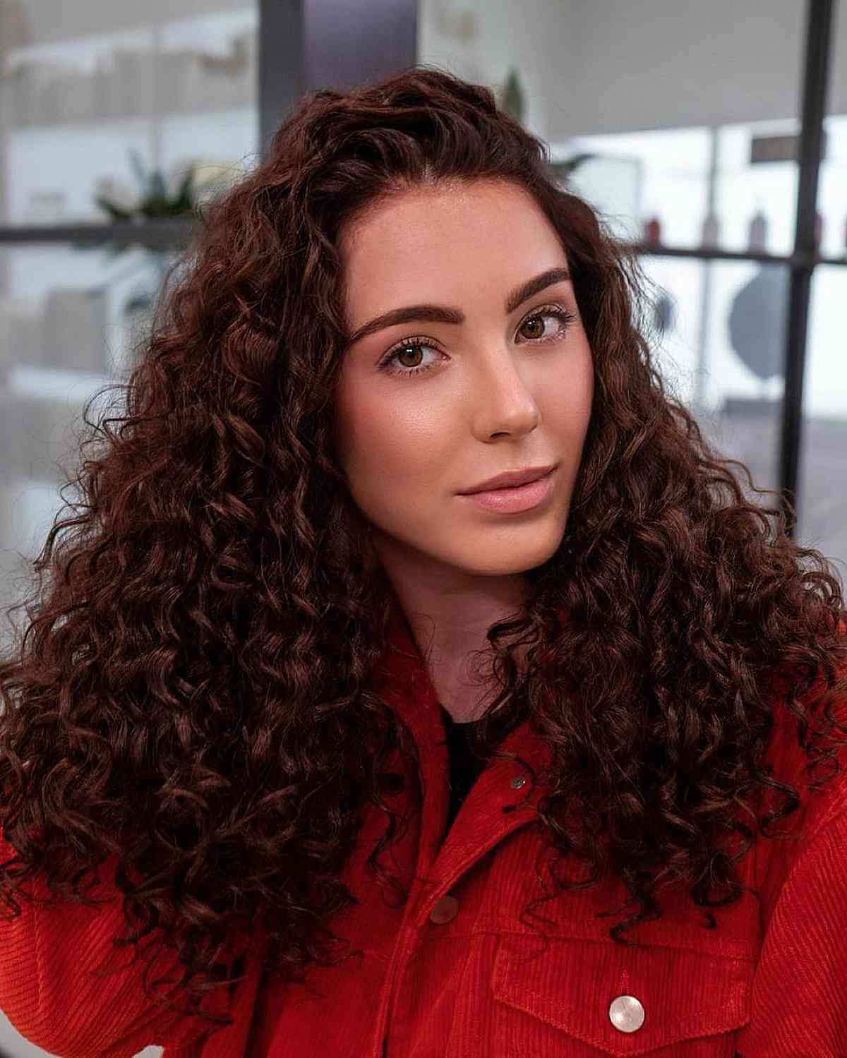 Dark Red Long Curls with No Bangs