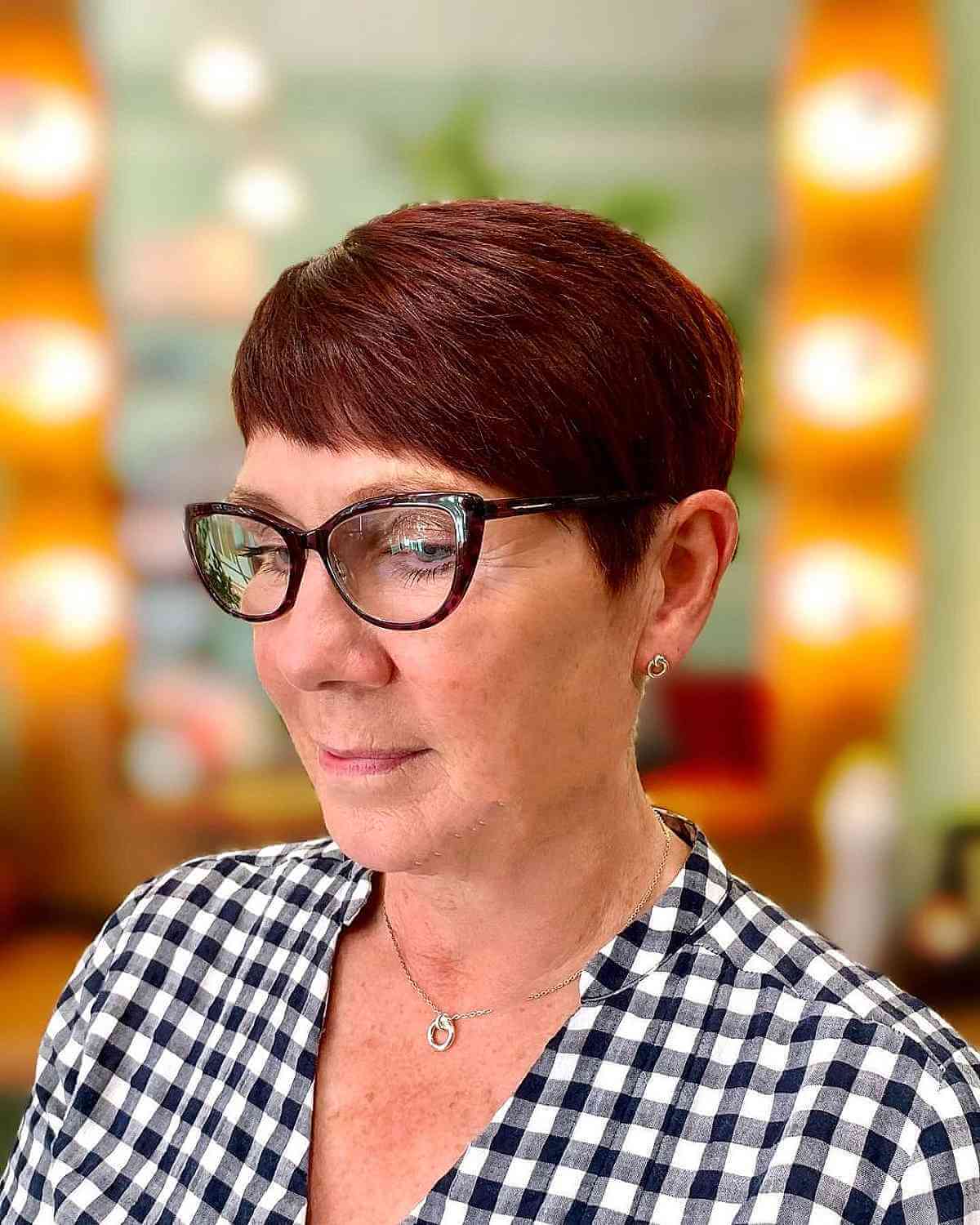 Dark Red Pixie with Side-Swept Baby Fringe for Ladies 60 and Up with Glasses