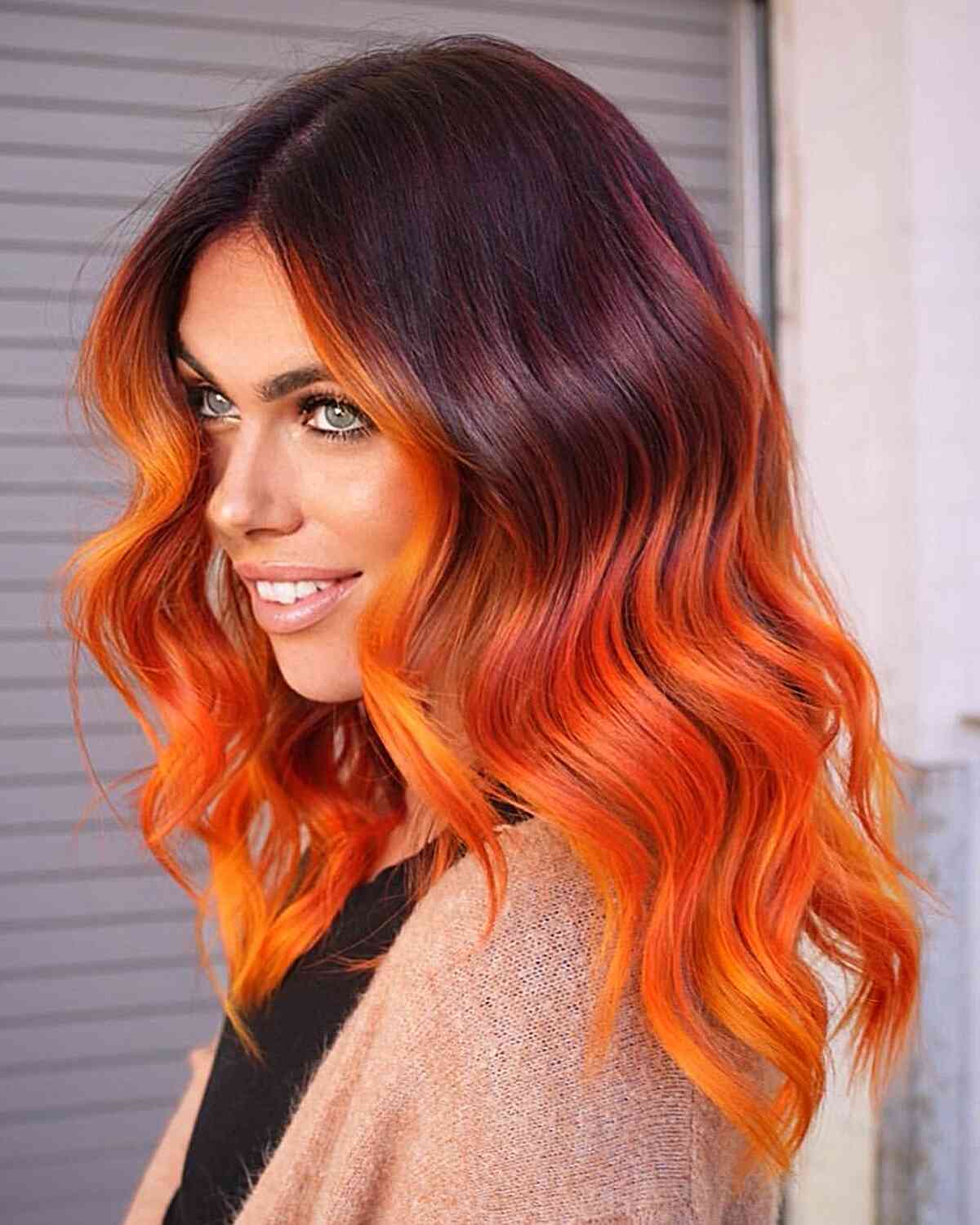 Dark Red Roots with Orange-Red Ombre Tips