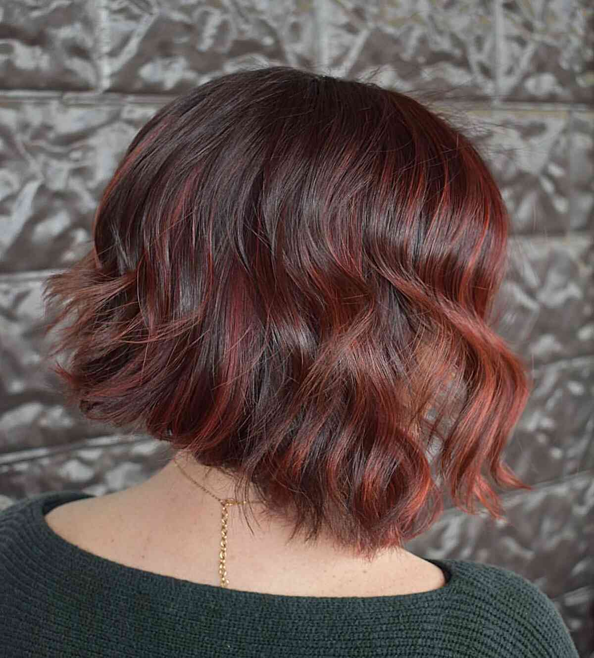 Dark Red Velvet Balayage for Brown Short Hair with Soft Waves