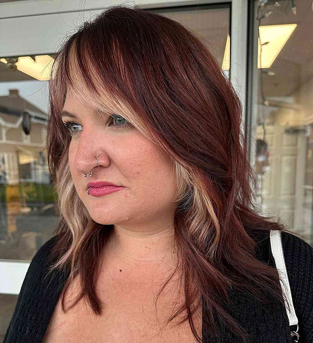 Dark Red Medium Hair with Blonde Money Piece for Women over 40