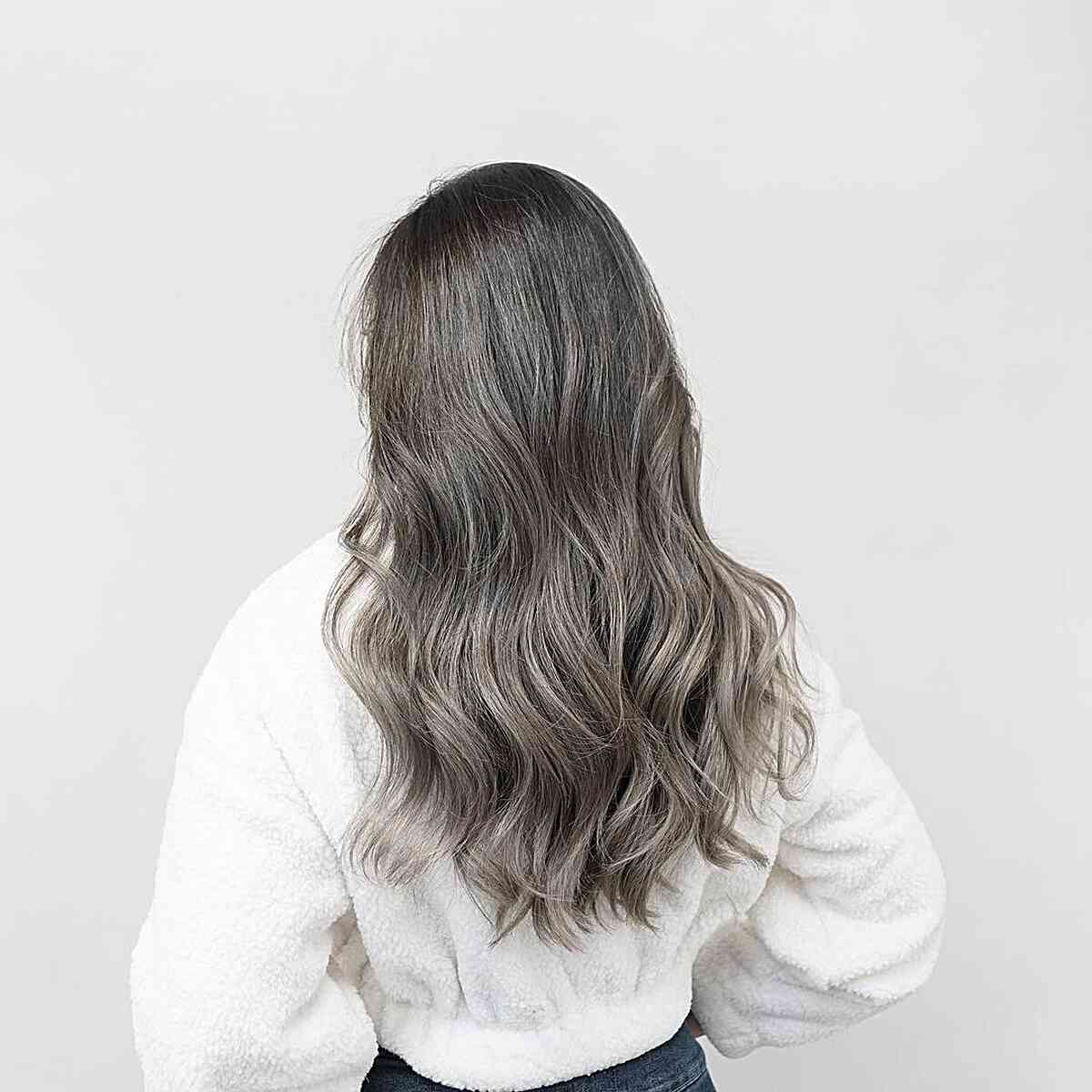 Dark-Rooted Ashy Brunette Gray Balayage for Long Hair