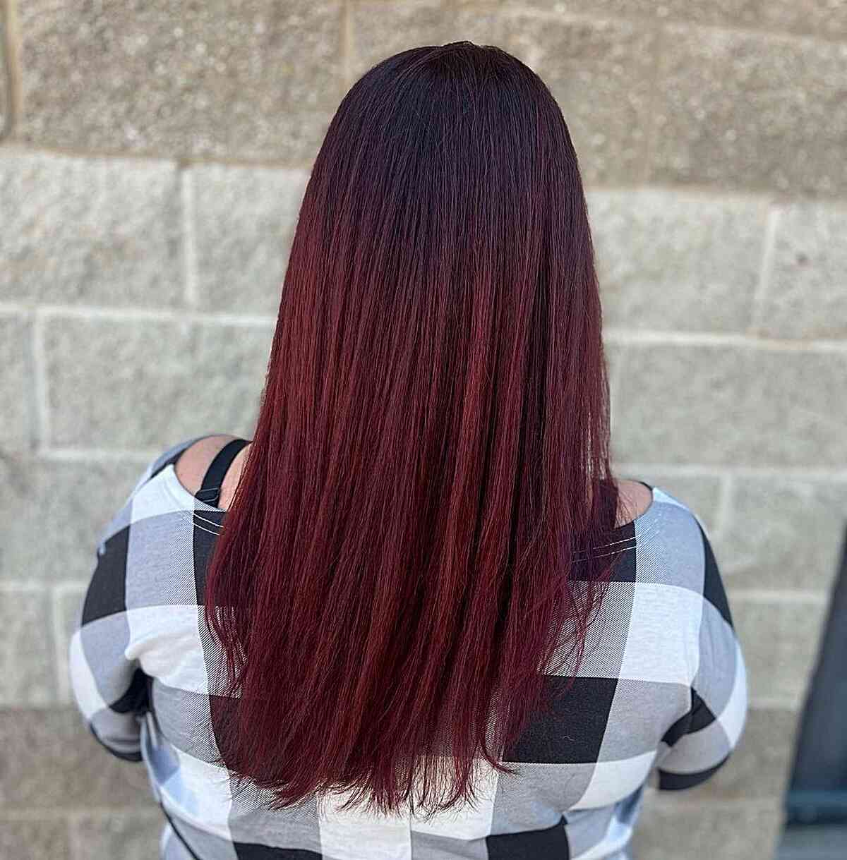 Dark-Rooted Burgundy Balayage Ombre on Long Straight Hair