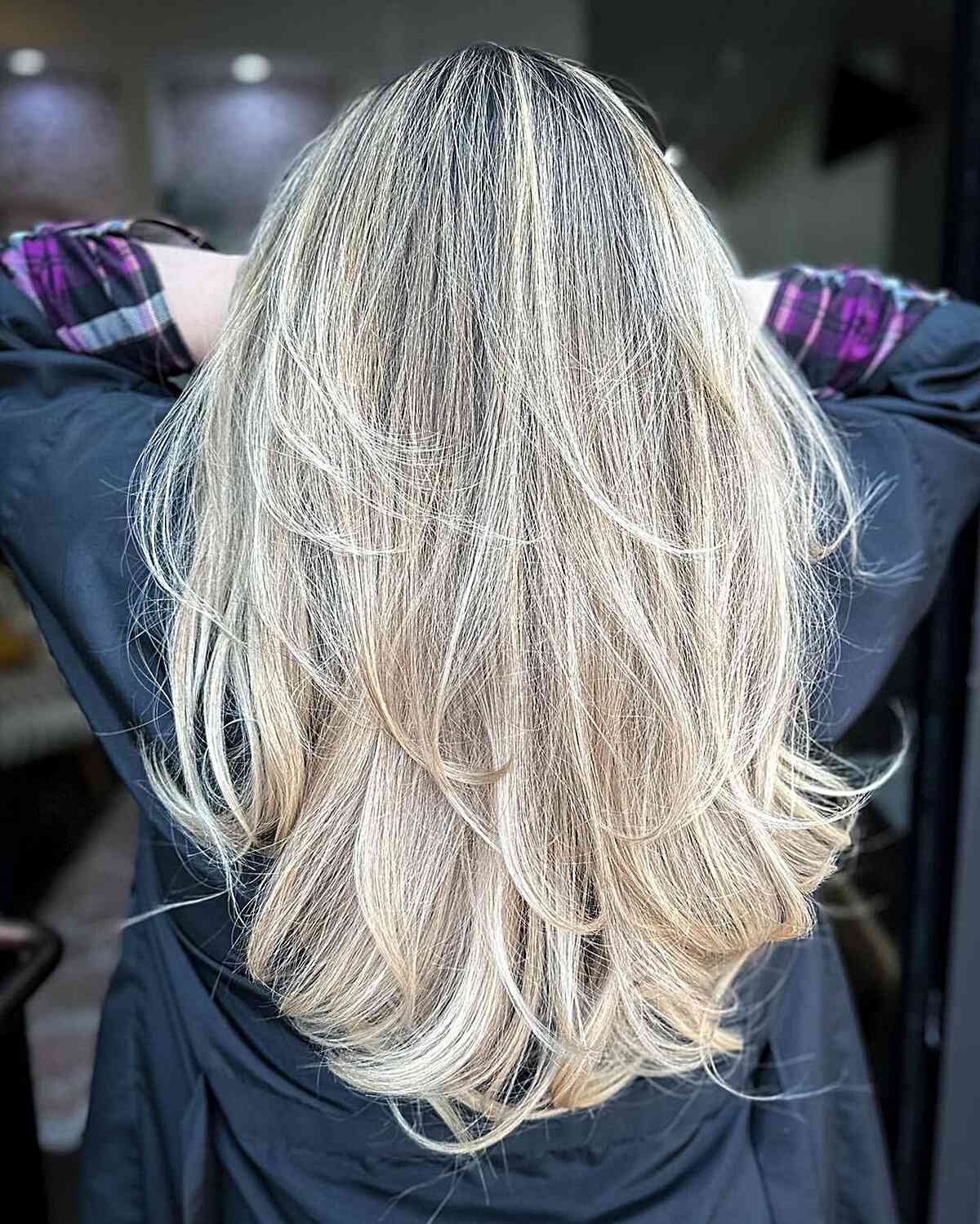 Dark-Rooted Creamy Blonde Balayage on Long Layered Hair