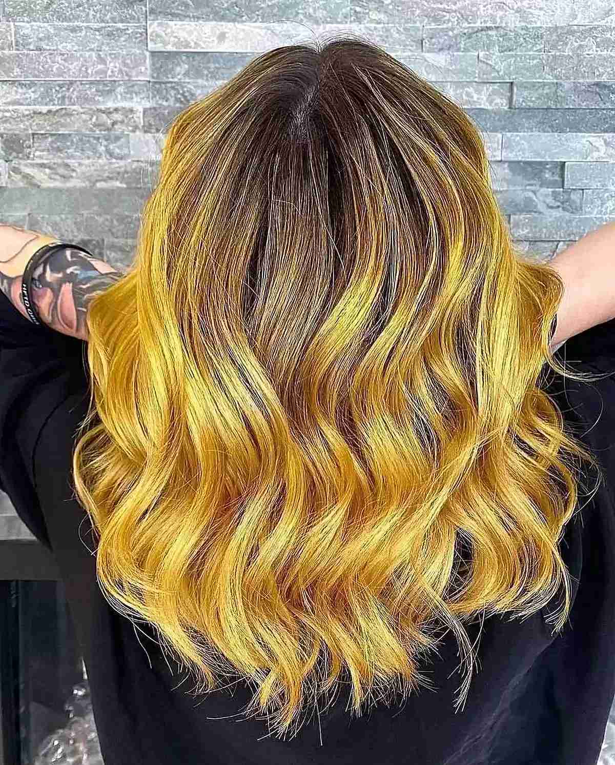 Dark Rooted Mustard Yellow Hair for women with a medium-length haircut