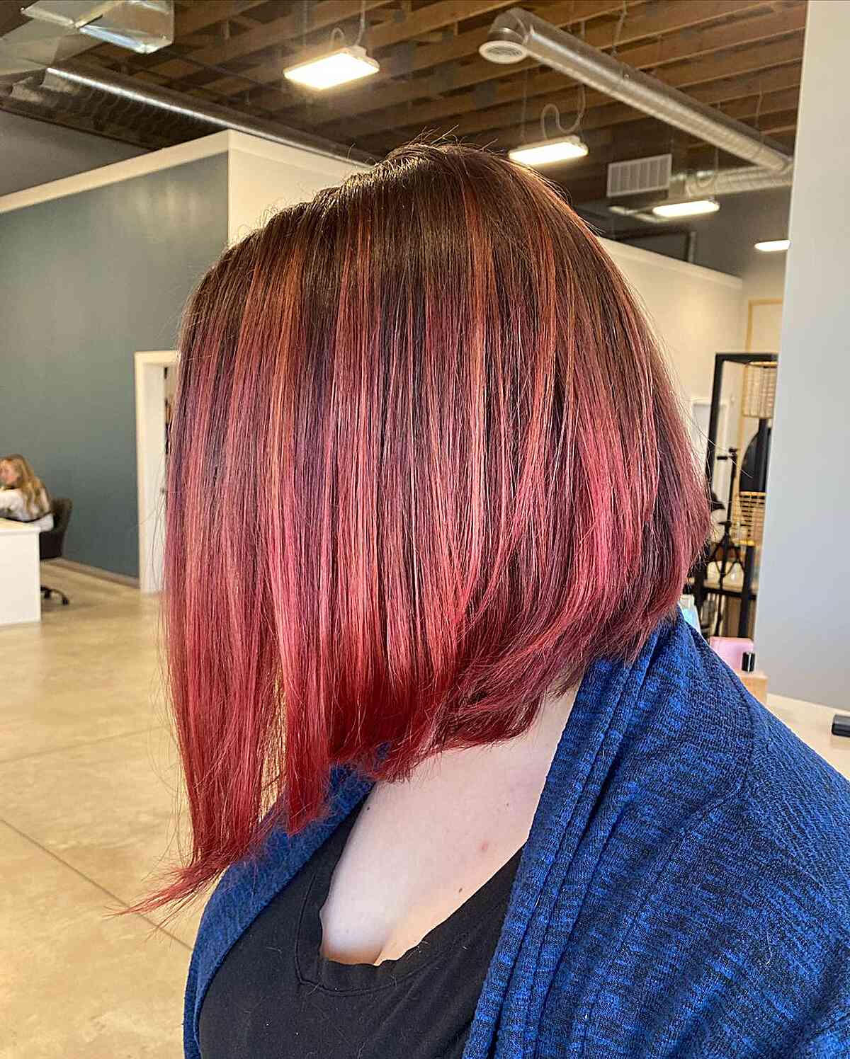 Dark-Rooted Red Long A-Line Bob Hair