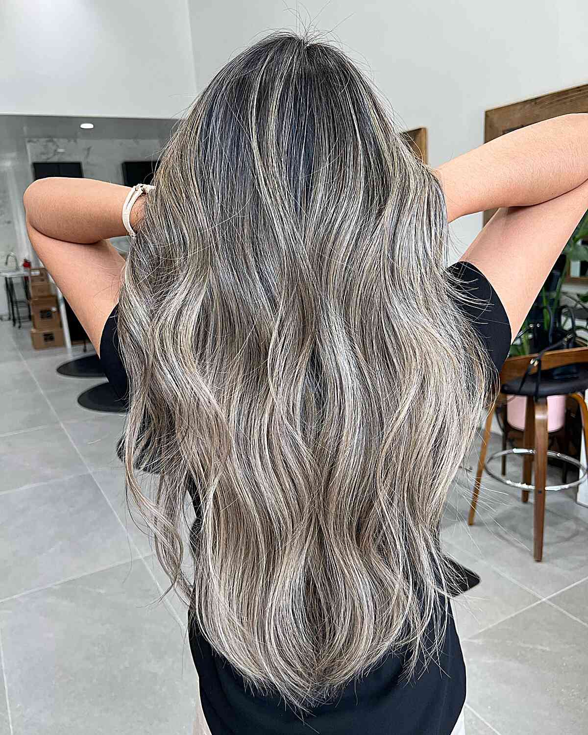 Dark-Rooted Silver Grey Blended Balayage on Long Hair