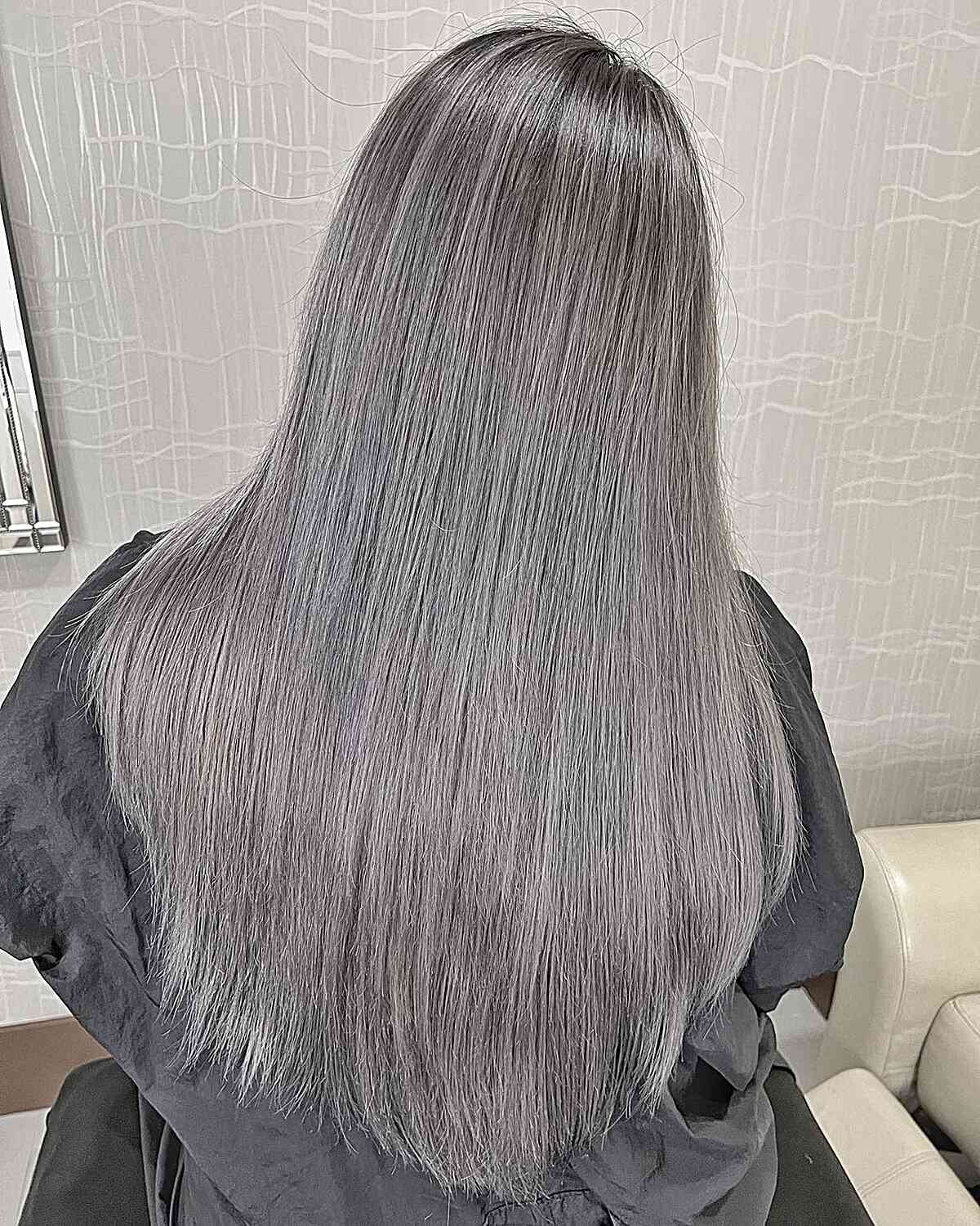Dark-Rooted Smokey Grey Balayage for Waist-Length Hair