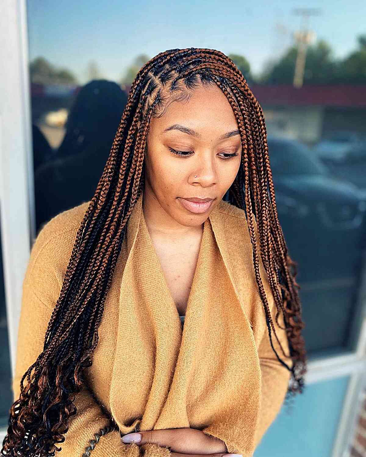 Long Dark-Rooted Warm Brown Knotless Box Braids with Wavy Ends