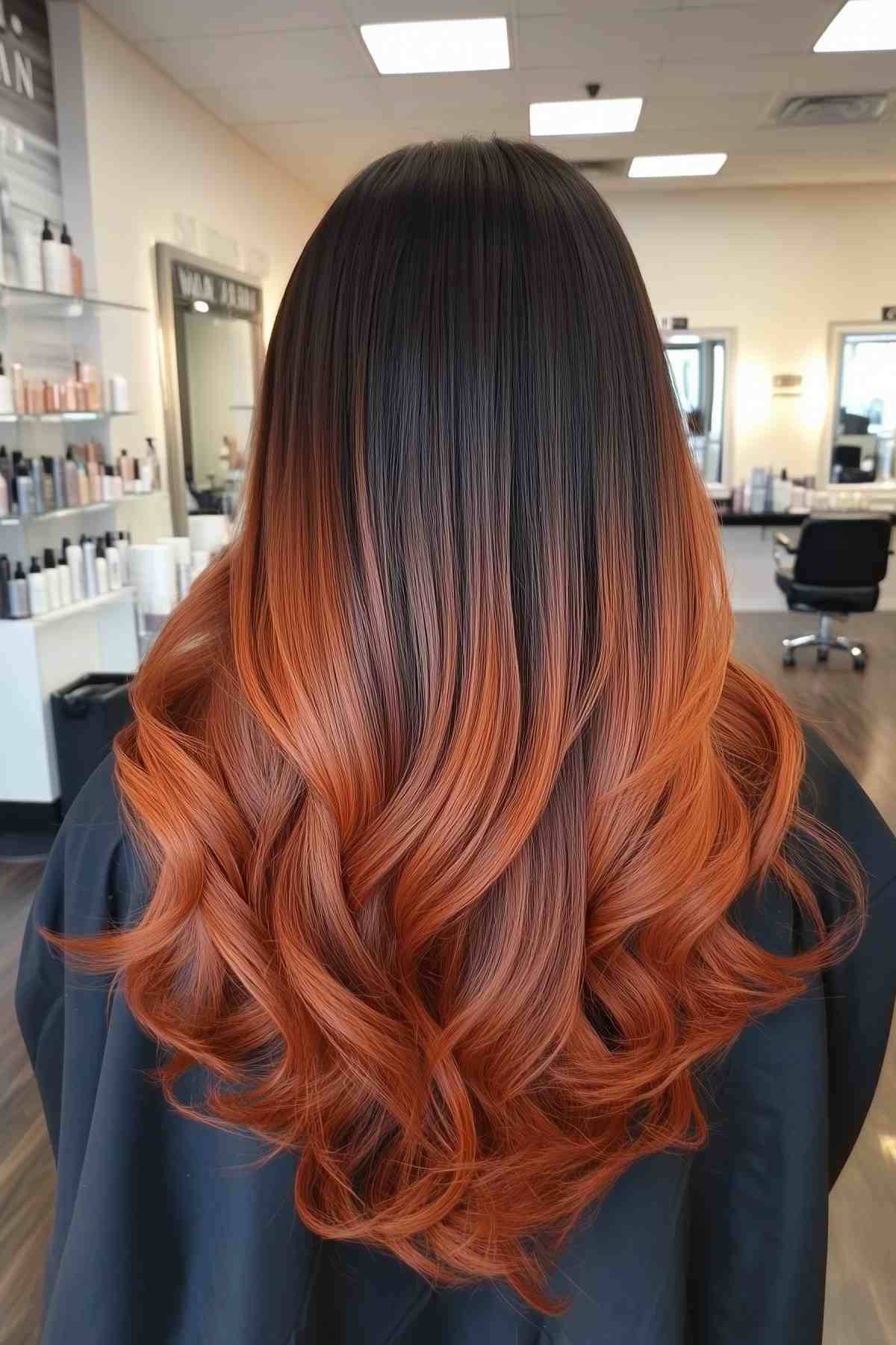 Dark roots blended into copper ombre for autumn