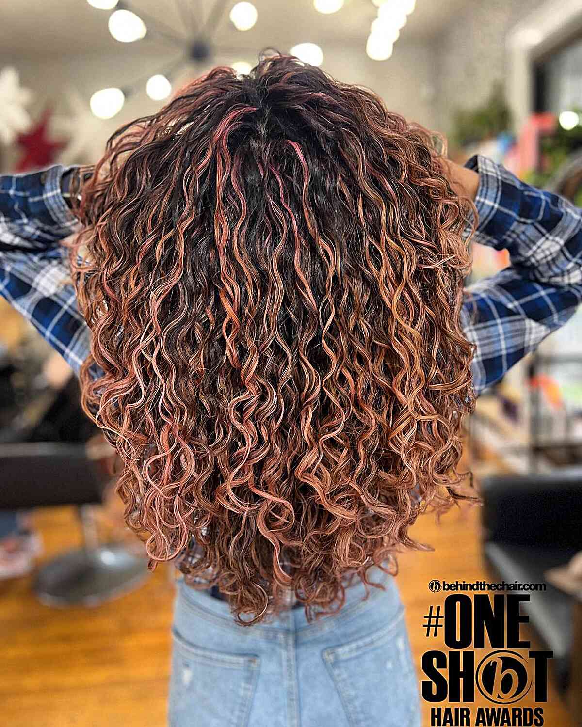 Dark Rose Gold Balayage for Curly Hair with Highlights and Dark Roots