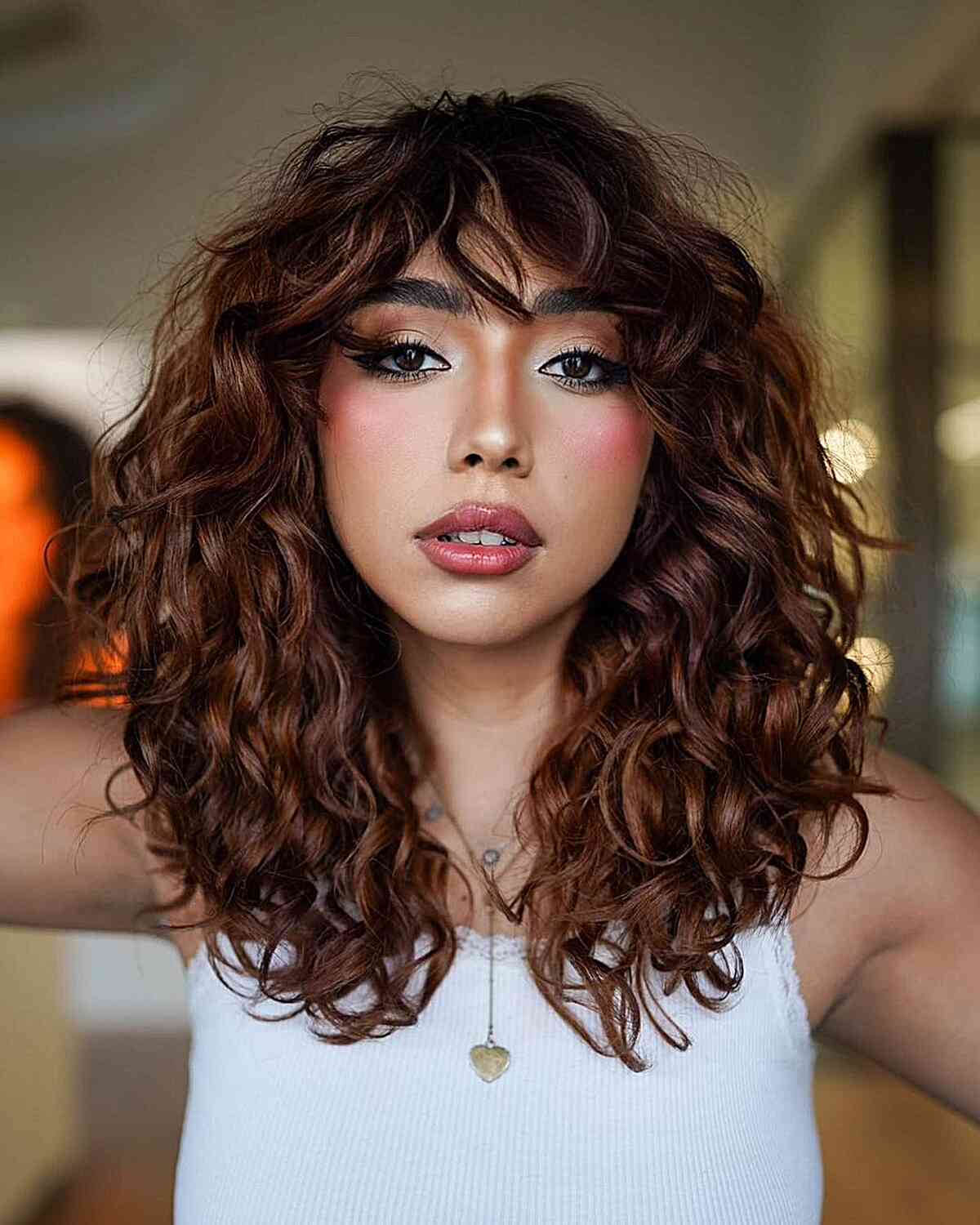 Dark Ruby Red Layered Curls and Bangs for women with thick hair