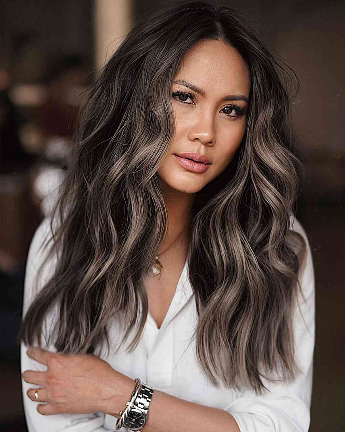 Dark Smokey Hair with Ash Blonde Balayage Tones for women with long thick hair