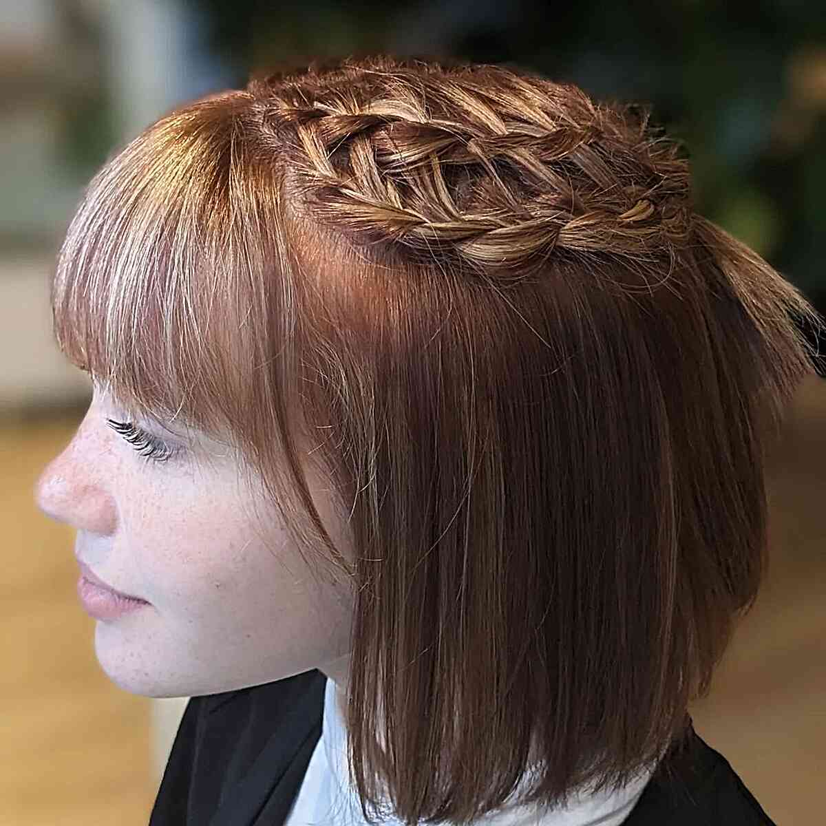 Dark Strawberry Blonde Braids for Short Haired girls with bangs and a blunt bob