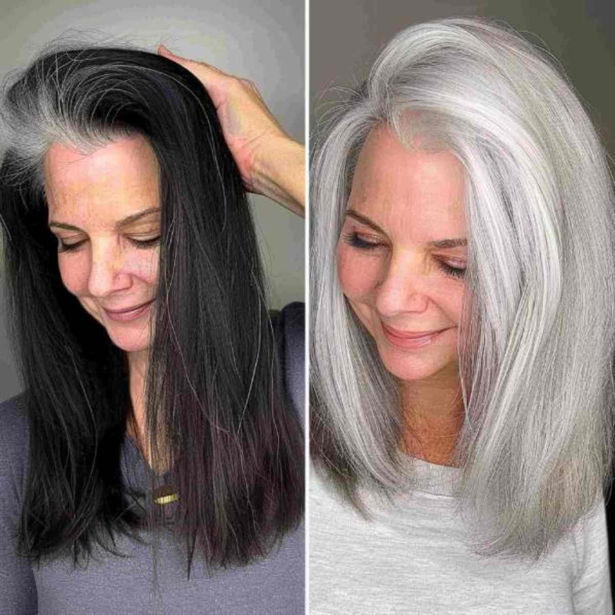 Woman transitioning to shoulder-length sleek silver hair from natural dark waves.